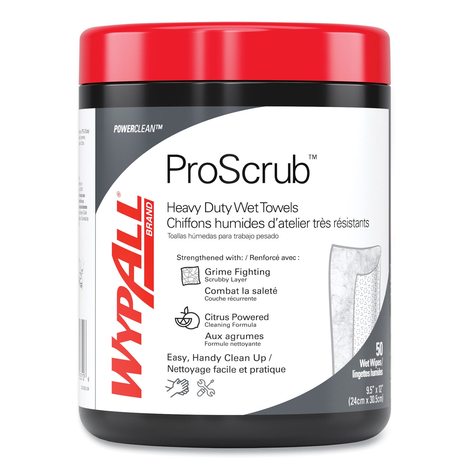 WypAll® Power Clean ProScrub Pre-Saturated Wipes, 12 x 9.5, Citrus Scent, Green/White, 50/Canister, 8 Canisters/Carton