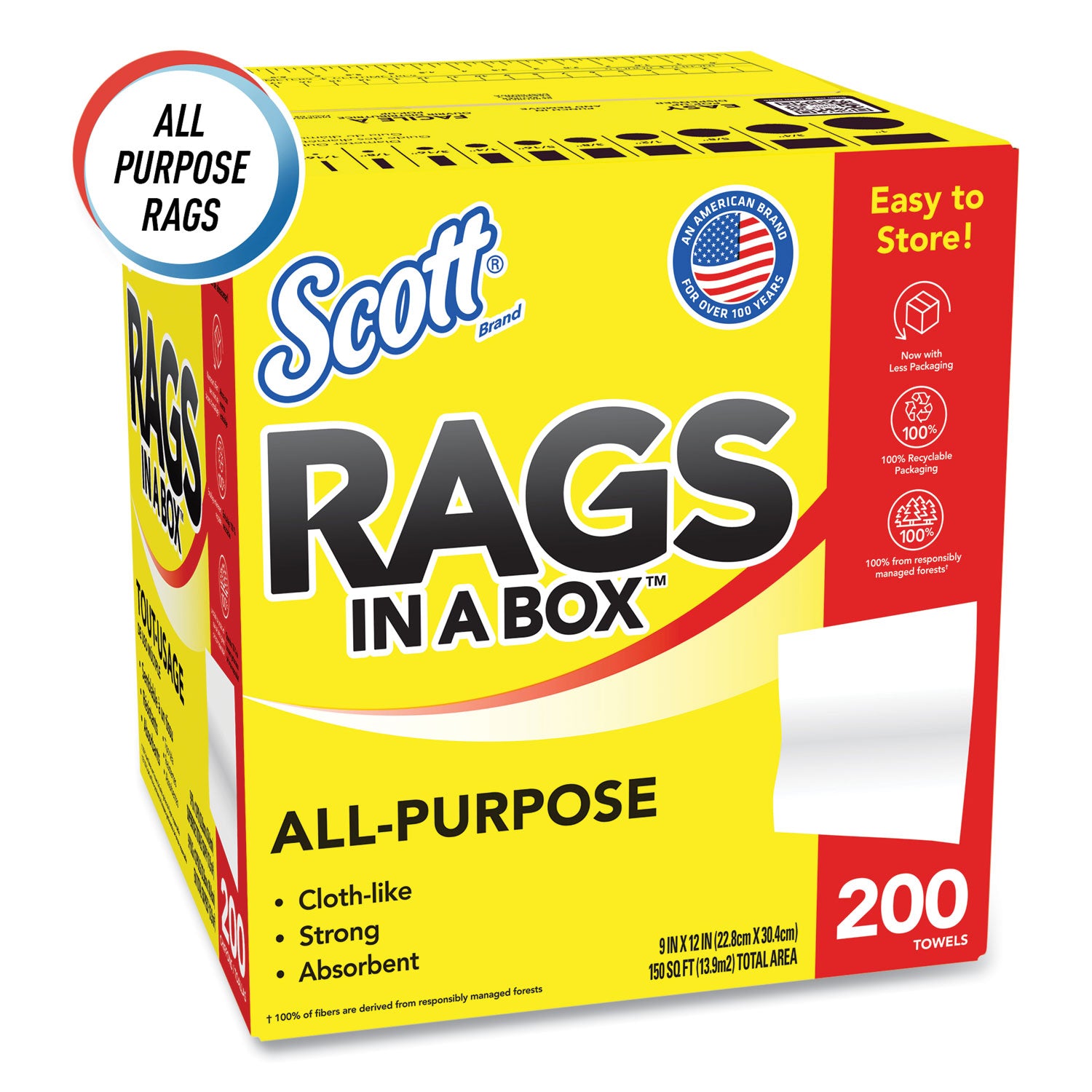 Scott® Rags in a Box, POP-UP Box, 12 x 9, White, 200/Box