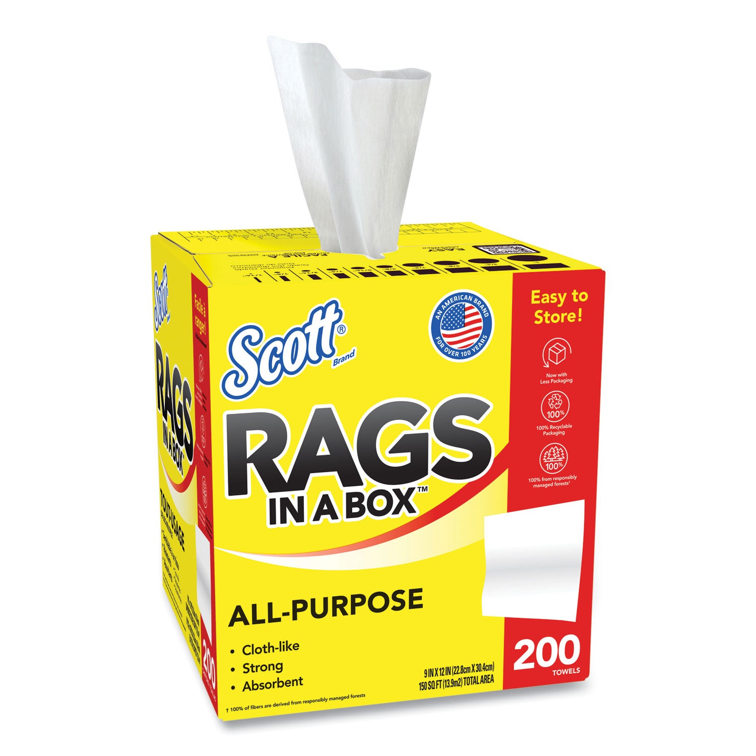 Scott® Rags in a Box, POP-UP Box, 12 x 9, White, 200/Box, 8 Boxes/Carton