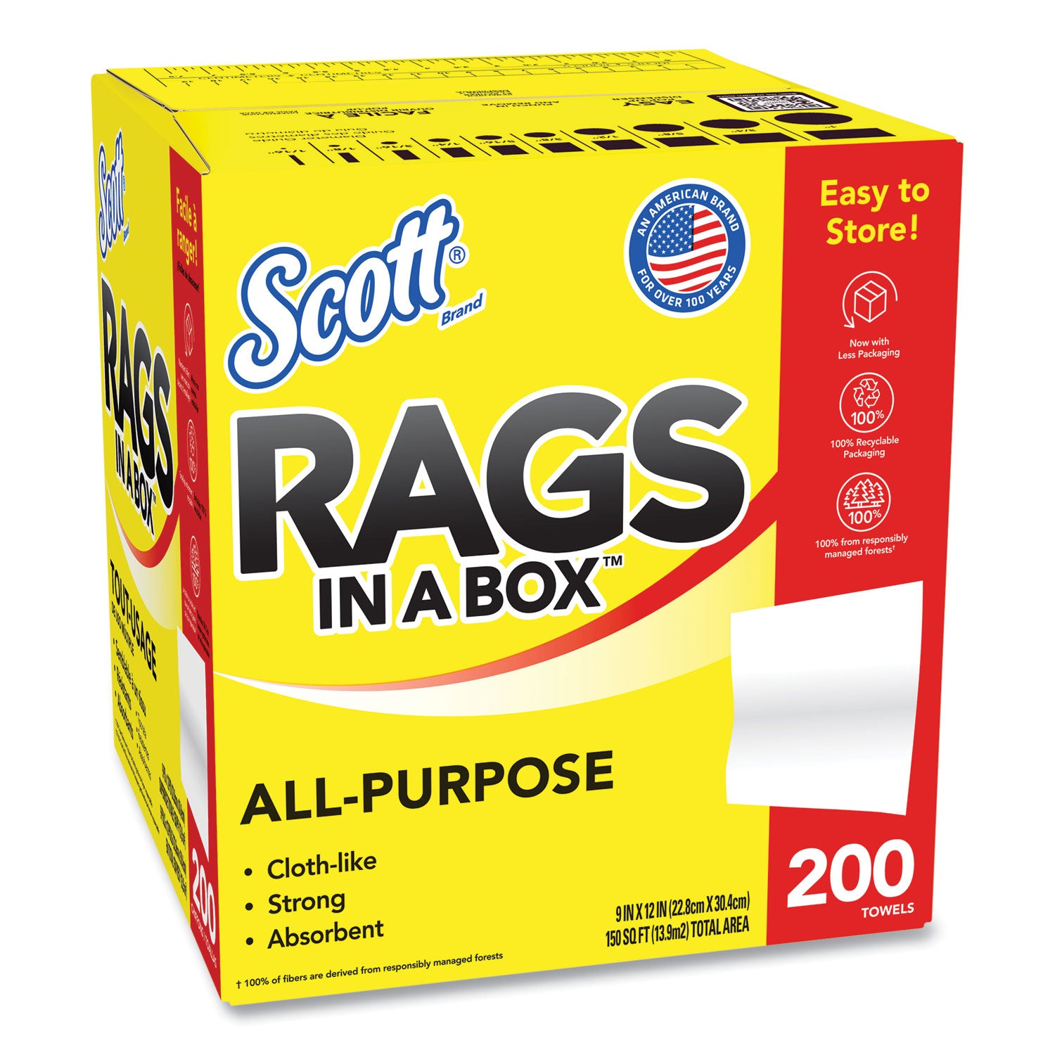 Scott® Rags in a Box, POP-UP Box, 12 x 9, White, 200/Box, 8 Boxes/Carton