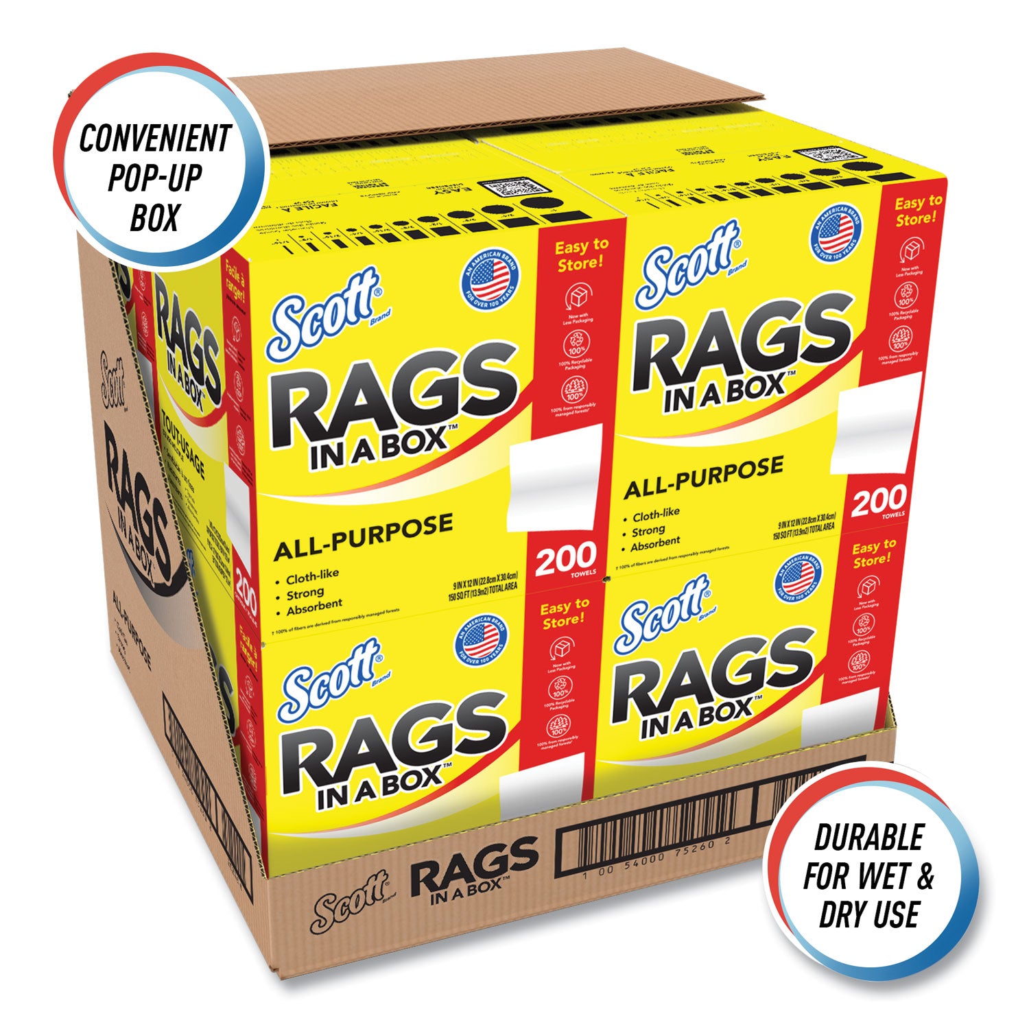 Scott® Rags in a Box, POP-UP Box, 12 x 9, White, 200/Box, 8 Boxes/Carton