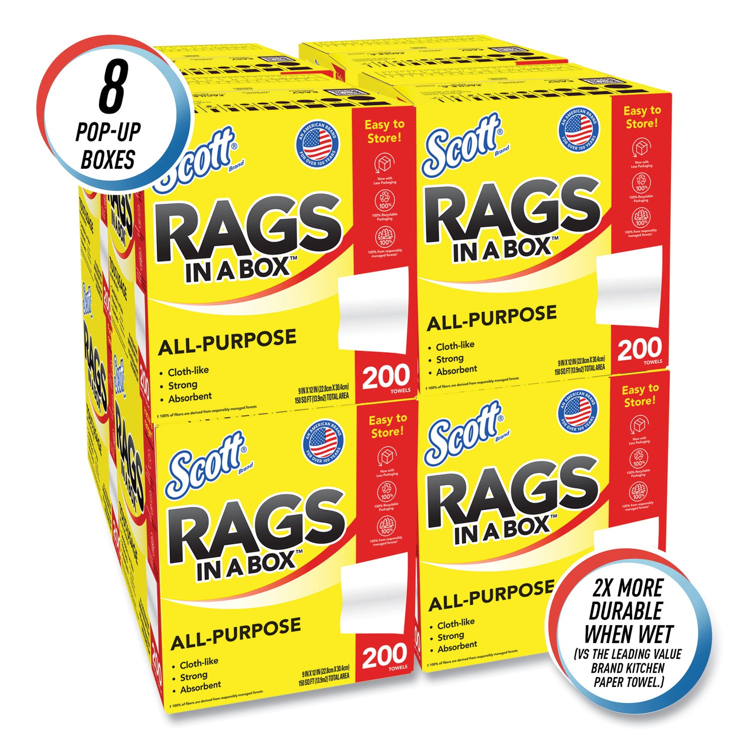 Scott® Rags in a Box, POP-UP Box, 12 x 9, White, 200/Box, 8 Boxes/Carton