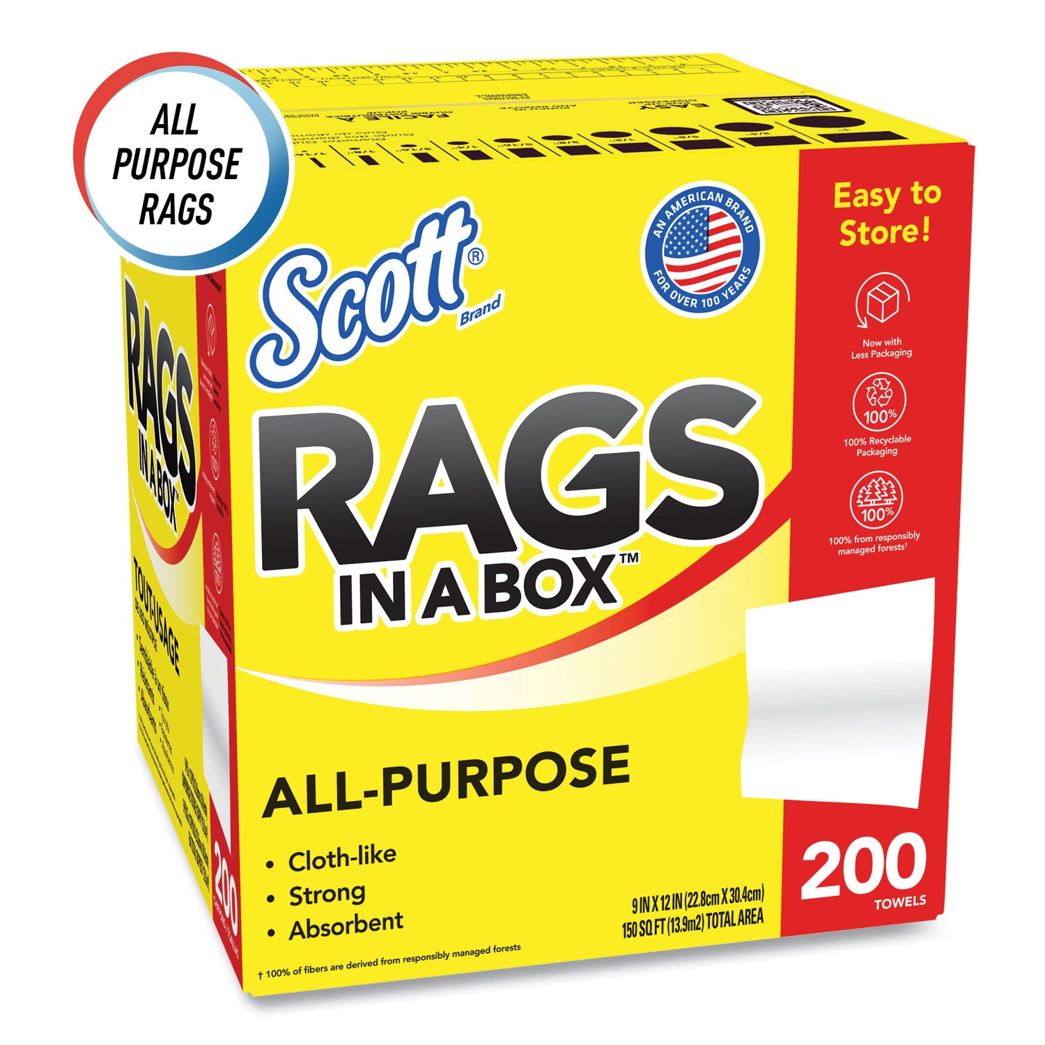 Scott® Rags in a Box, POP-UP Box, 12 x 9, White, 200/Box, 8 Boxes/Carton