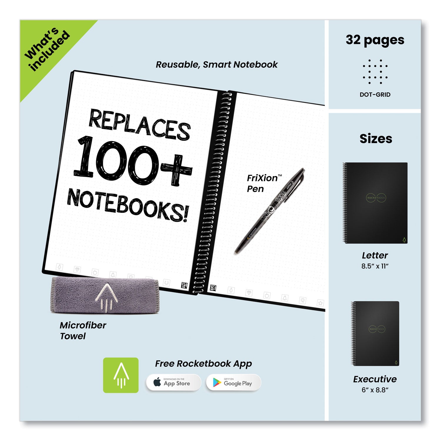 Rocketbook Core Smart Notebook, Dotted Rule, Black Cover, (16) 11 x 8.5 Sheets