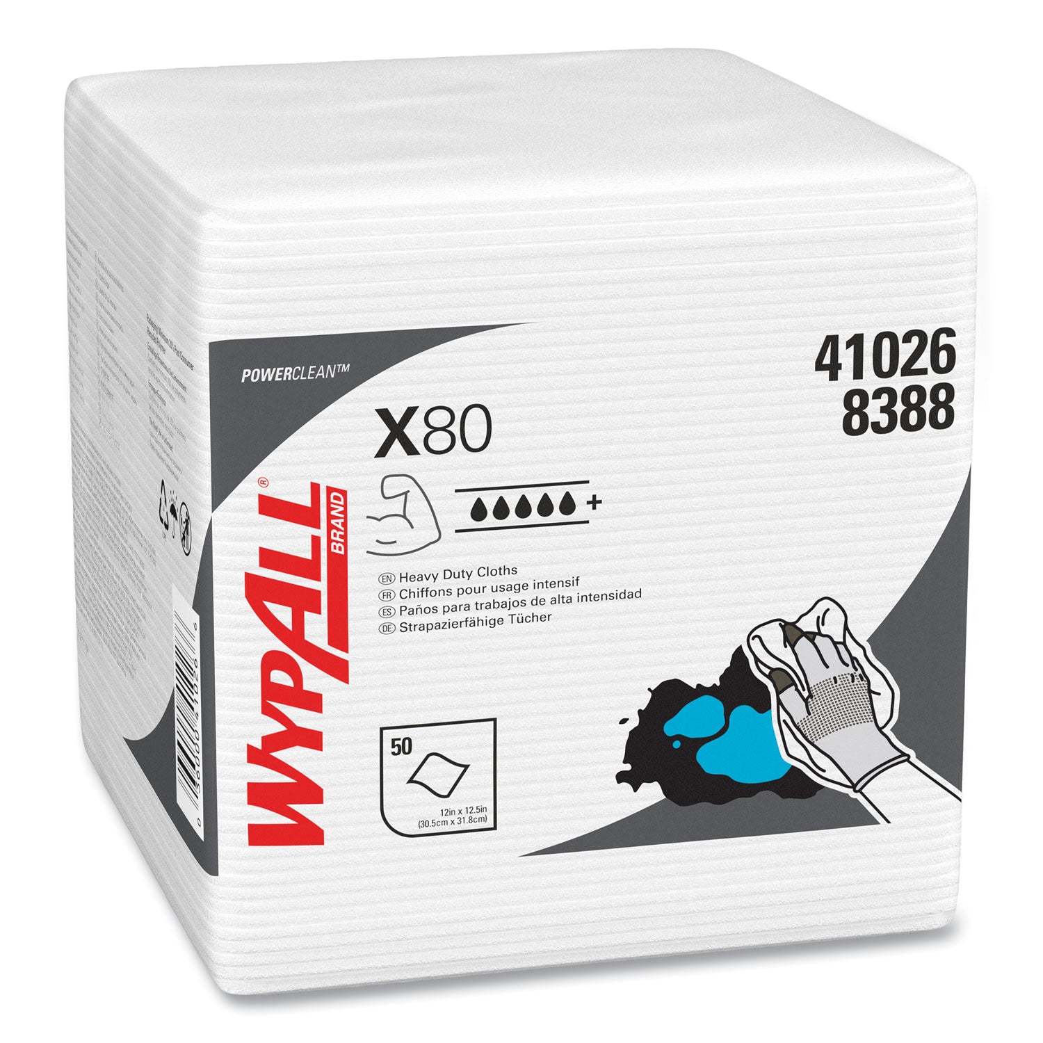 WypAll® Power Clean X80 Heavy Duty Cloths, 1/4 Fold, 12.5 x 12, White, 50/Box, 4 Boxes/Carton