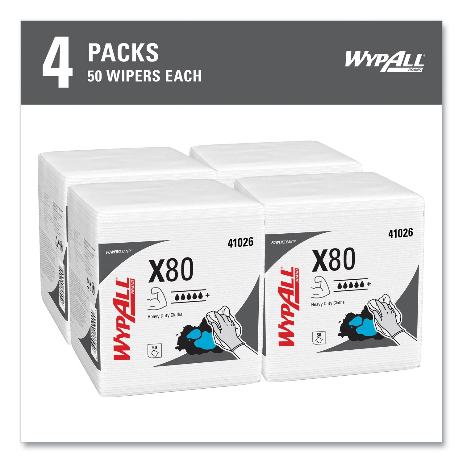 WypAll® Power Clean X80 Heavy Duty Cloths, 1/4 Fold, 12.5 x 12, White, 50/Box, 4 Boxes/Carton