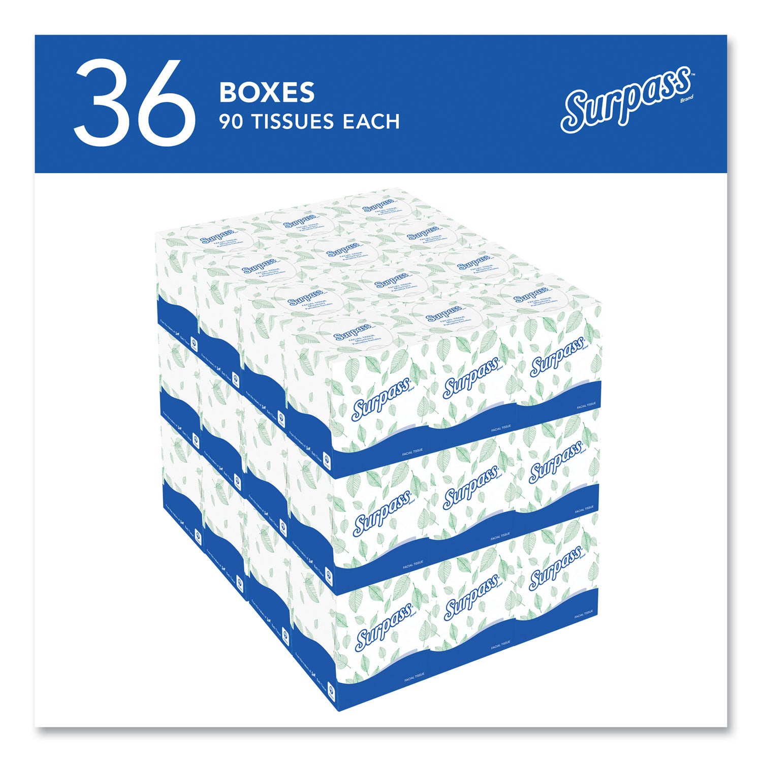 Surpass® Facial Tissue for Business, 2-Ply, White, Pop-Up Box, 90/Box, 36 Boxes/Carton