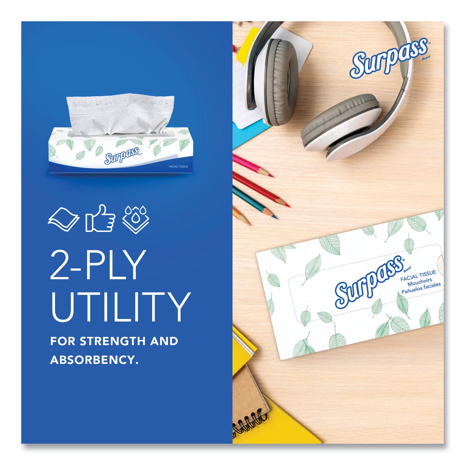 Surpass® Facial Tissue for Business, 2-Ply, White, Flat Box, 100 Sheets/Box, 30 Boxes/Carton