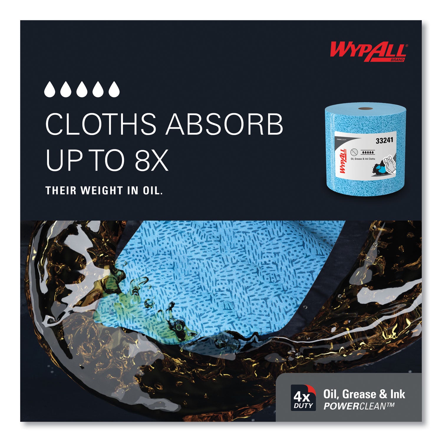 WypAll® Oil, Grease and Ink Cloths, Jumbo Roll, 9.8 x 12.2, Blue, 717/Roll