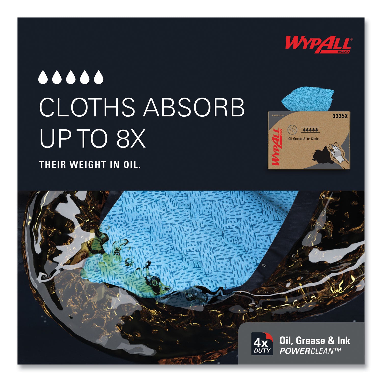 WypAll® Power Clean Oil, Grease and Ink Cloths, BRAG Box, 12.1 x 16.8, Blue, 180/Box