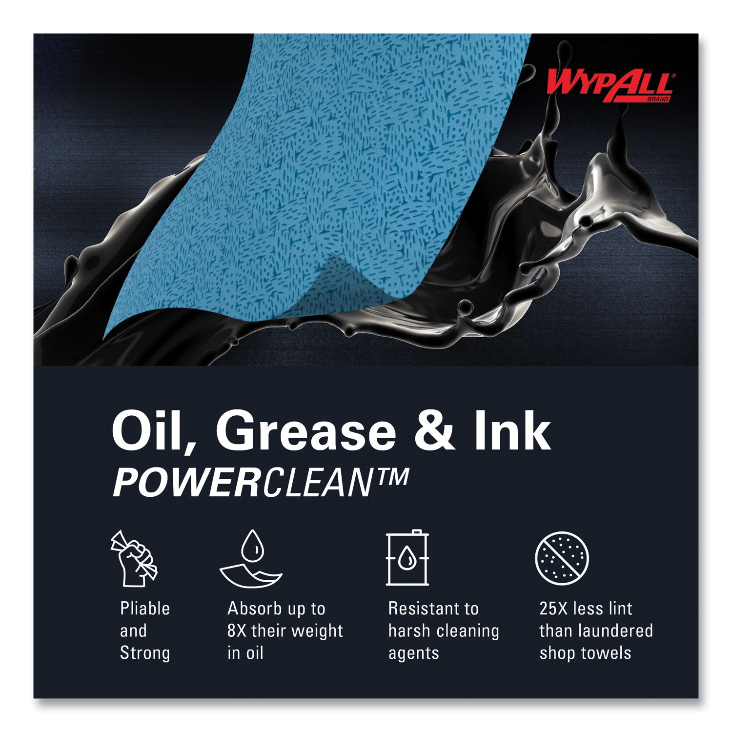 WypAll® Power Clean Oil, Grease and Ink Cloths, BRAG Box, 12.1 x 16.8, Blue, 180/Box