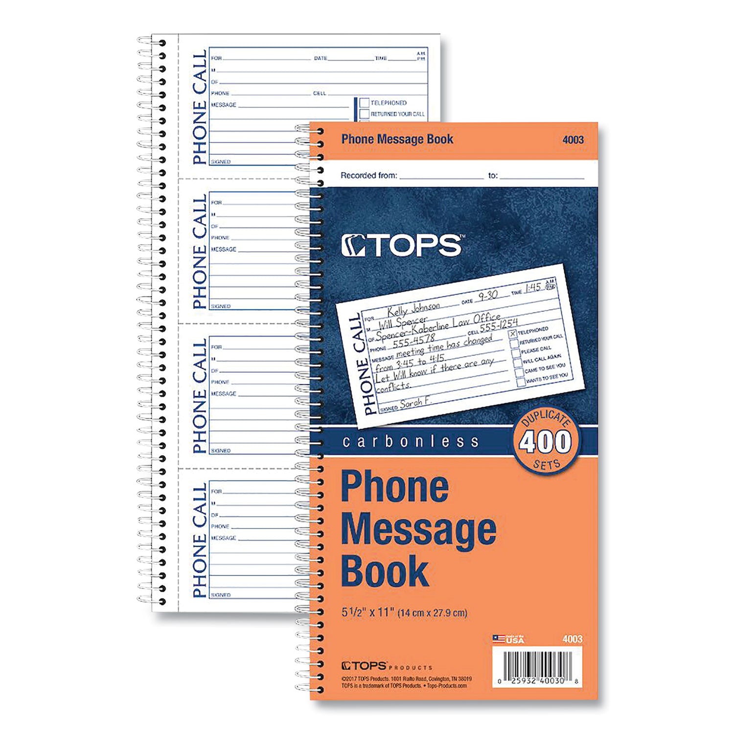 TOPS™ Spiralbound Message Book, Two-Part Carbonless, 5 x 2.75, 4 Forms/Sheet, 400 Forms Total