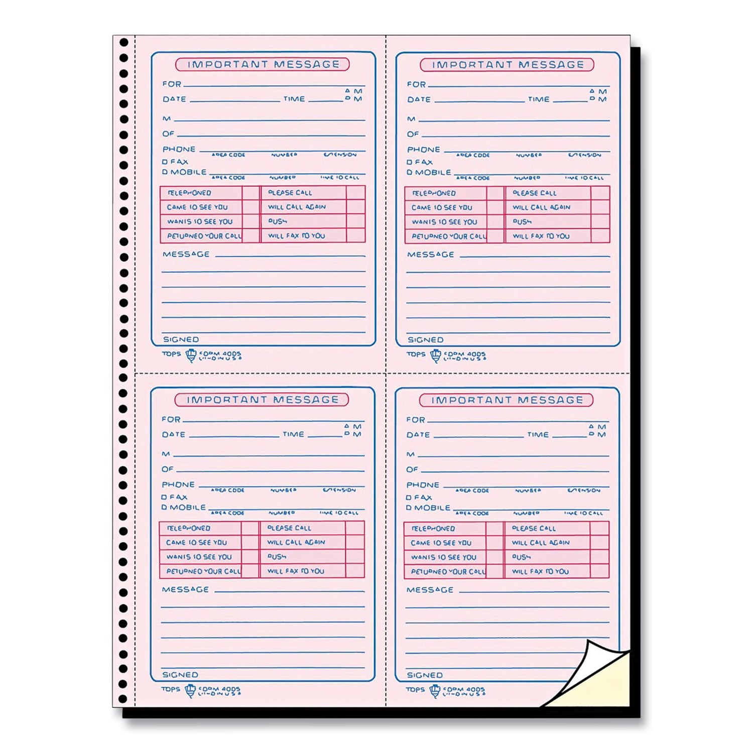 TOPS™ Telephone Message Book with Fax/Mobile Section, Two-Part Carbonless, 3.88 x 5.5, 4 Forms/Sheet, 400 Forms Total