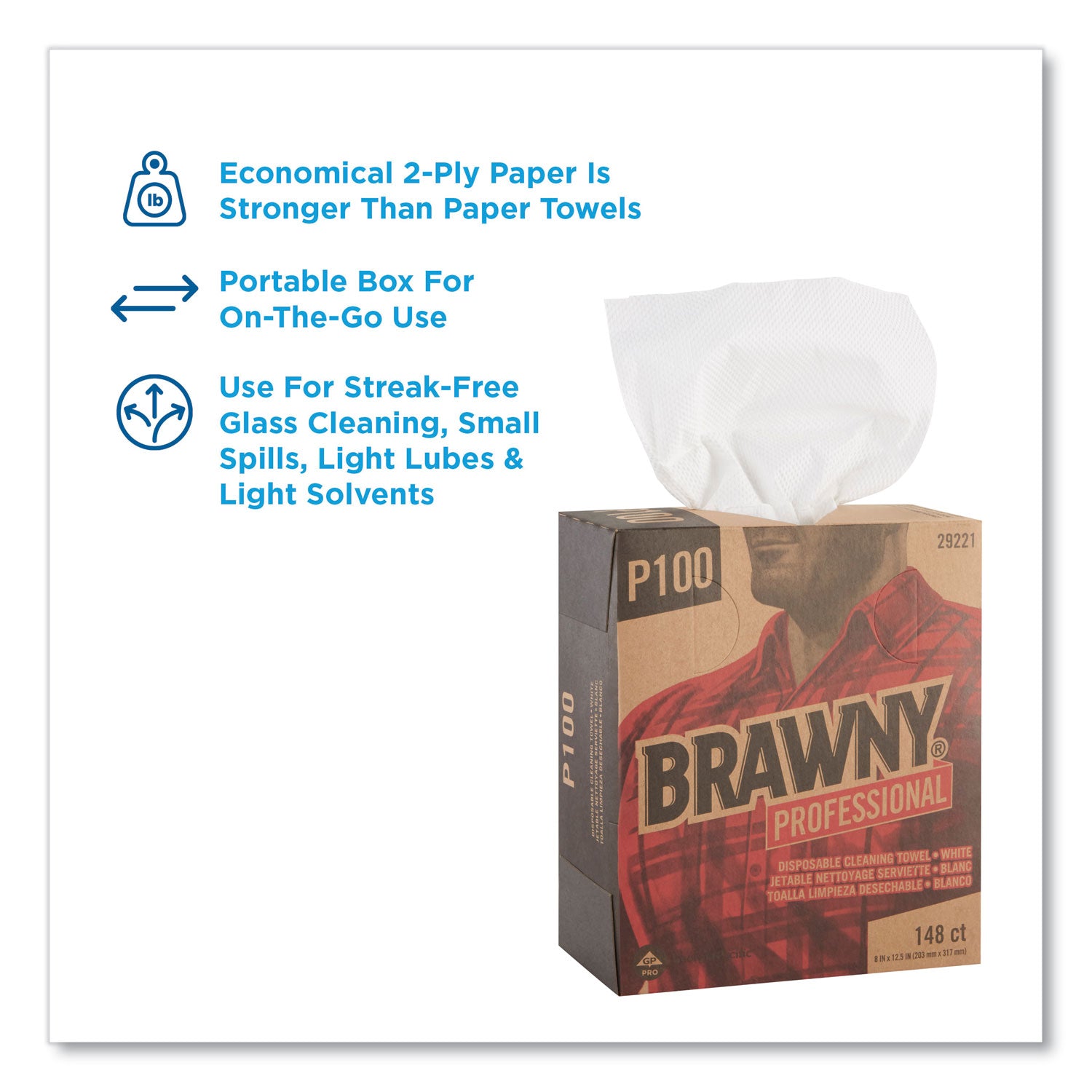 Brawny® Professional Light Duty Paper Wipers, 2-Ply, 8 x 12.5, White, 148/Box, 20 Boxes/Carton