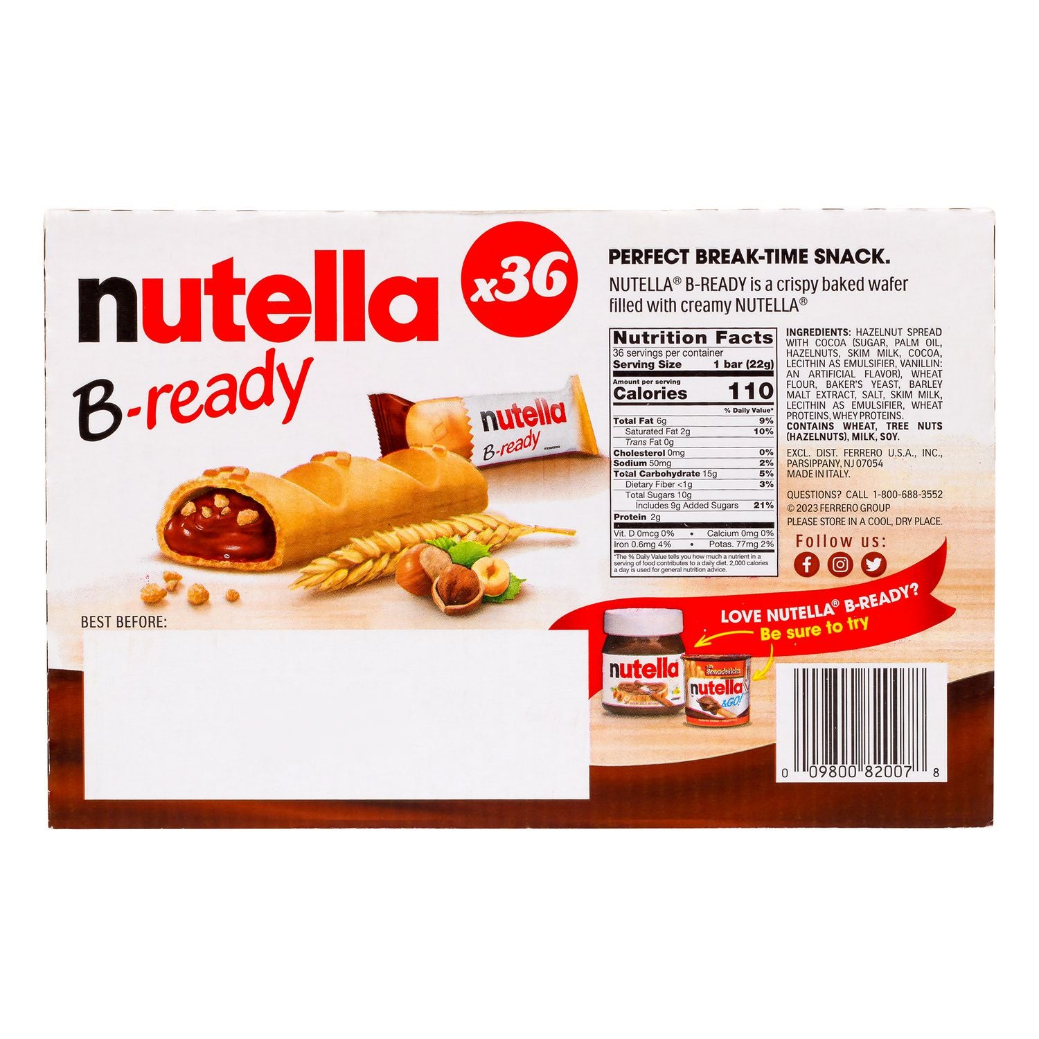 Nutella® B-Ready, Hazelnut, 0.7 oz Bag, 36/Carton