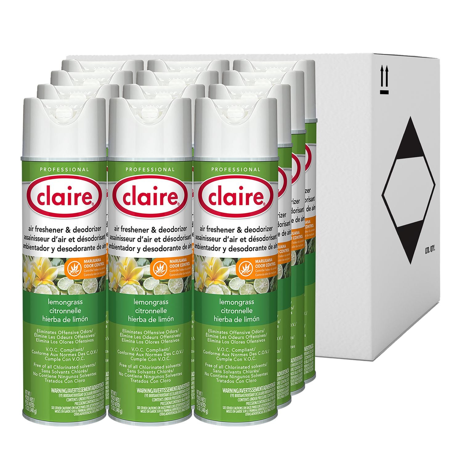 Claire® Aerosol Air Freshener and Deodorizer, Lemongrass Citronella, 12 oz Aerosol Spray, 12 Cans