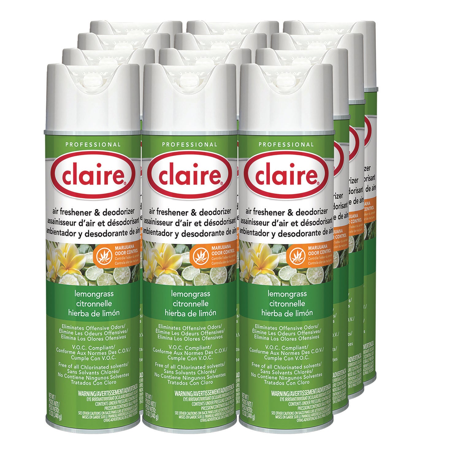 Claire® Aerosol Air Freshener and Deodorizer, Lemongrass Citronella, 12 oz Aerosol Spray, 12 Cans