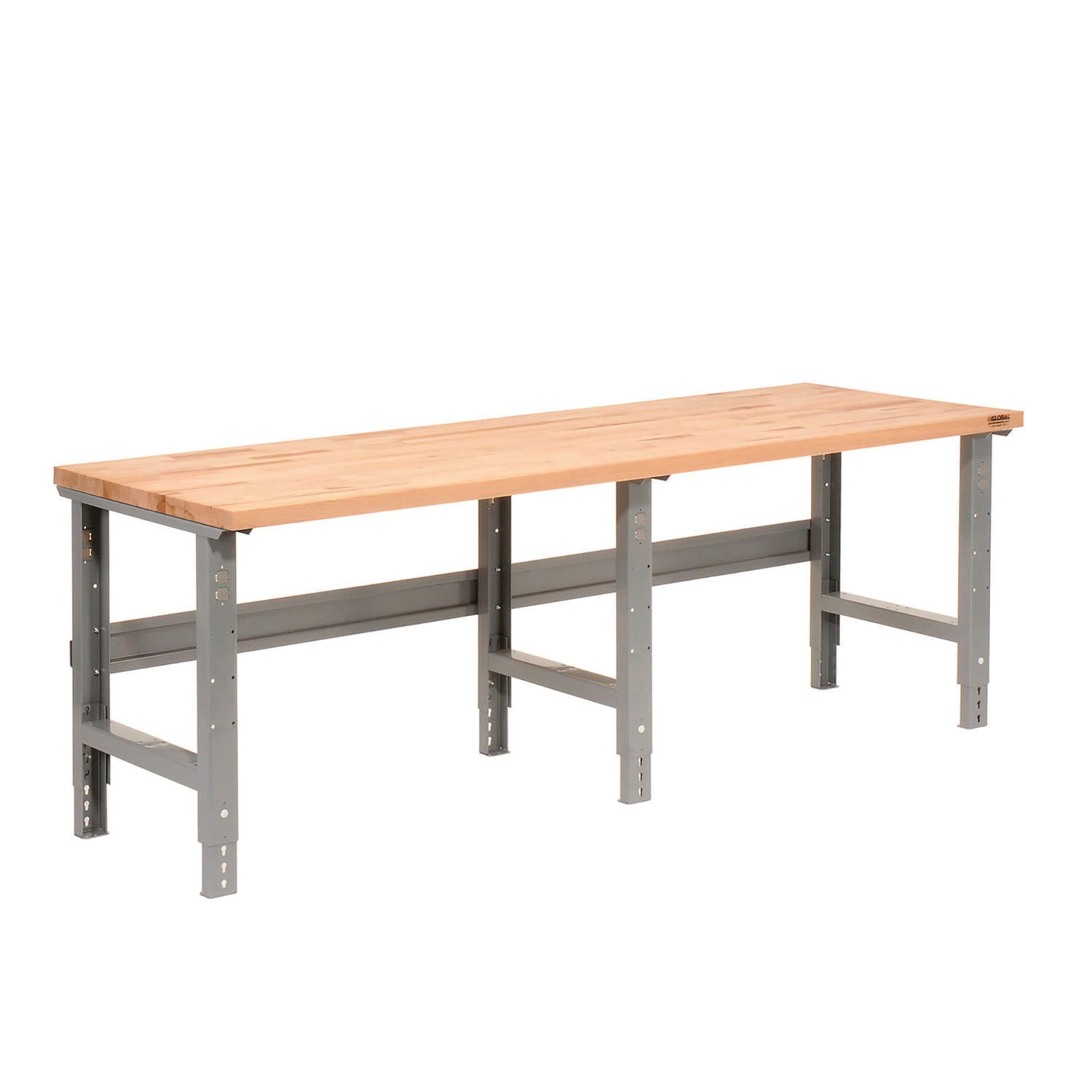 Standard Duty Butcher Block Top Adjustable Height Workbench, 2,000 lbs, 96 x 36 x 30.88 to 36.88, Maple/Gray