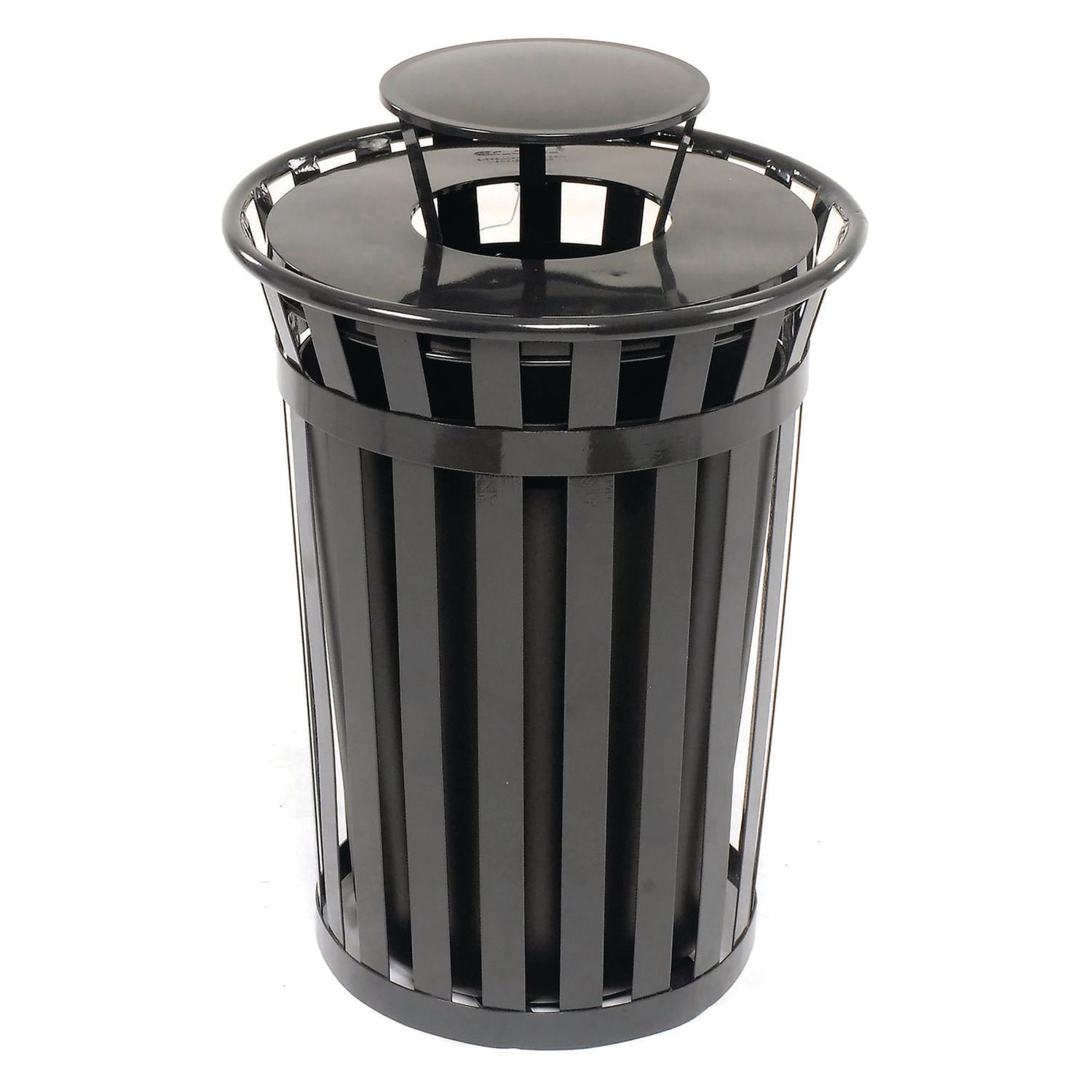 Outdoor Slatted Steel Trash Can, Rain Bonnet Lid, 36 gal, Black Global Industrial® Flipcost