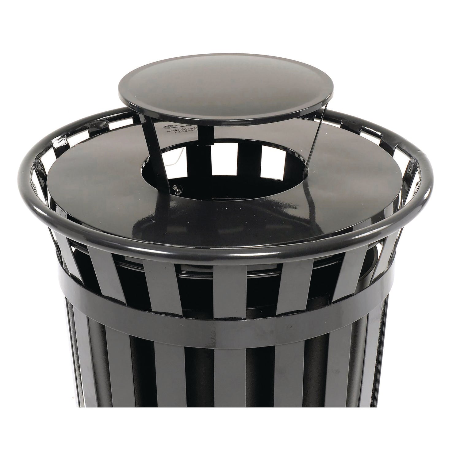 Outdoor Slatted Steel Trash Can, Rain Bonnet Lid, 36 gal, Black Global Industrial® Flipcost