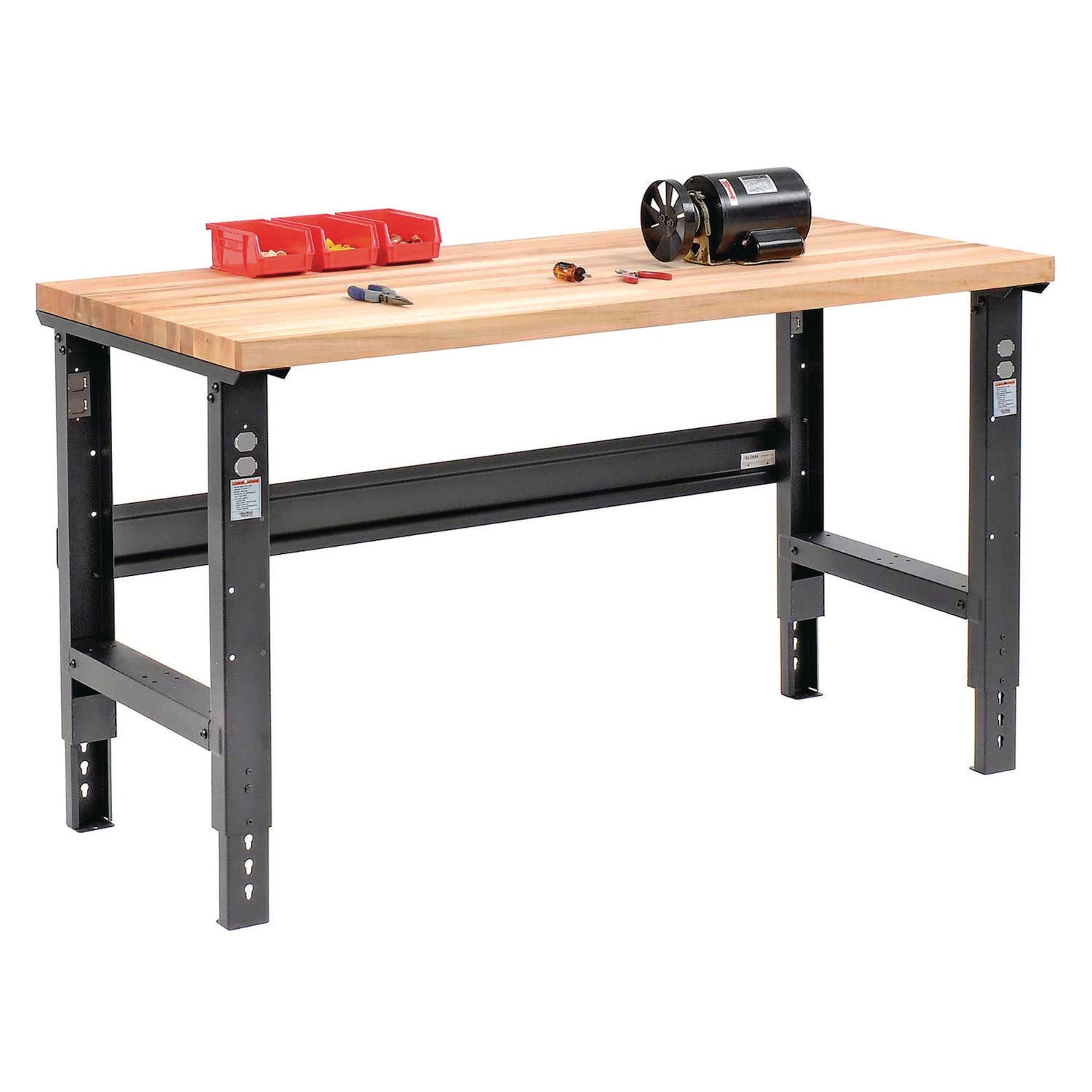 Standard Duty Butcher Block Top Adjustable Height Workbench, 2,000 lbs, 60 x 30 x 30.88  to 36.88, Birch/Black