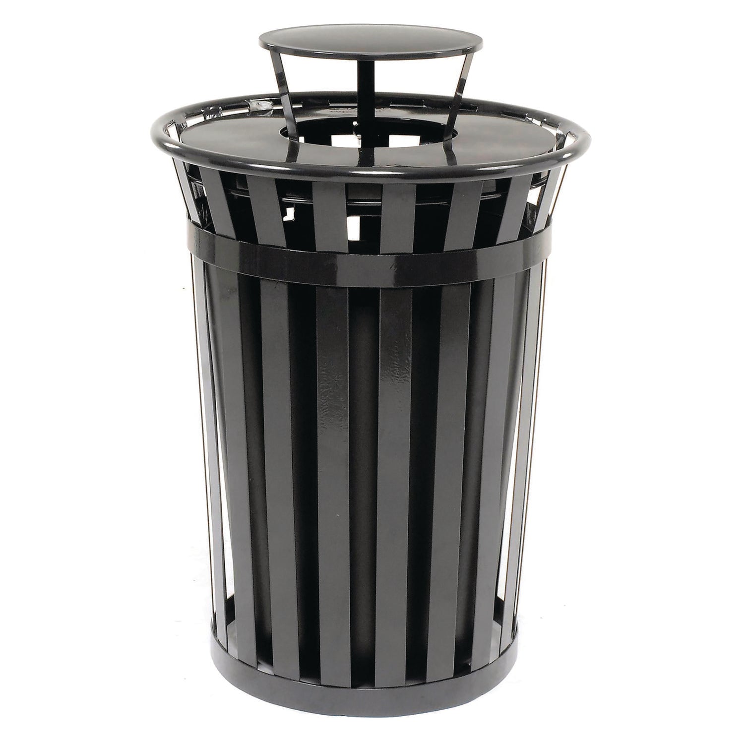 Outdoor Slatted Steel Trash Can, Rain Bonnet Lid, 36 gal, Black