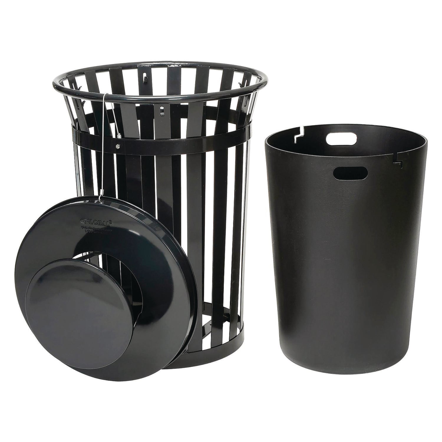 Outdoor Slatted Steel Trash Can, Rain Bonnet Lid, 36 gal, Black Global Industrial® Flipcost