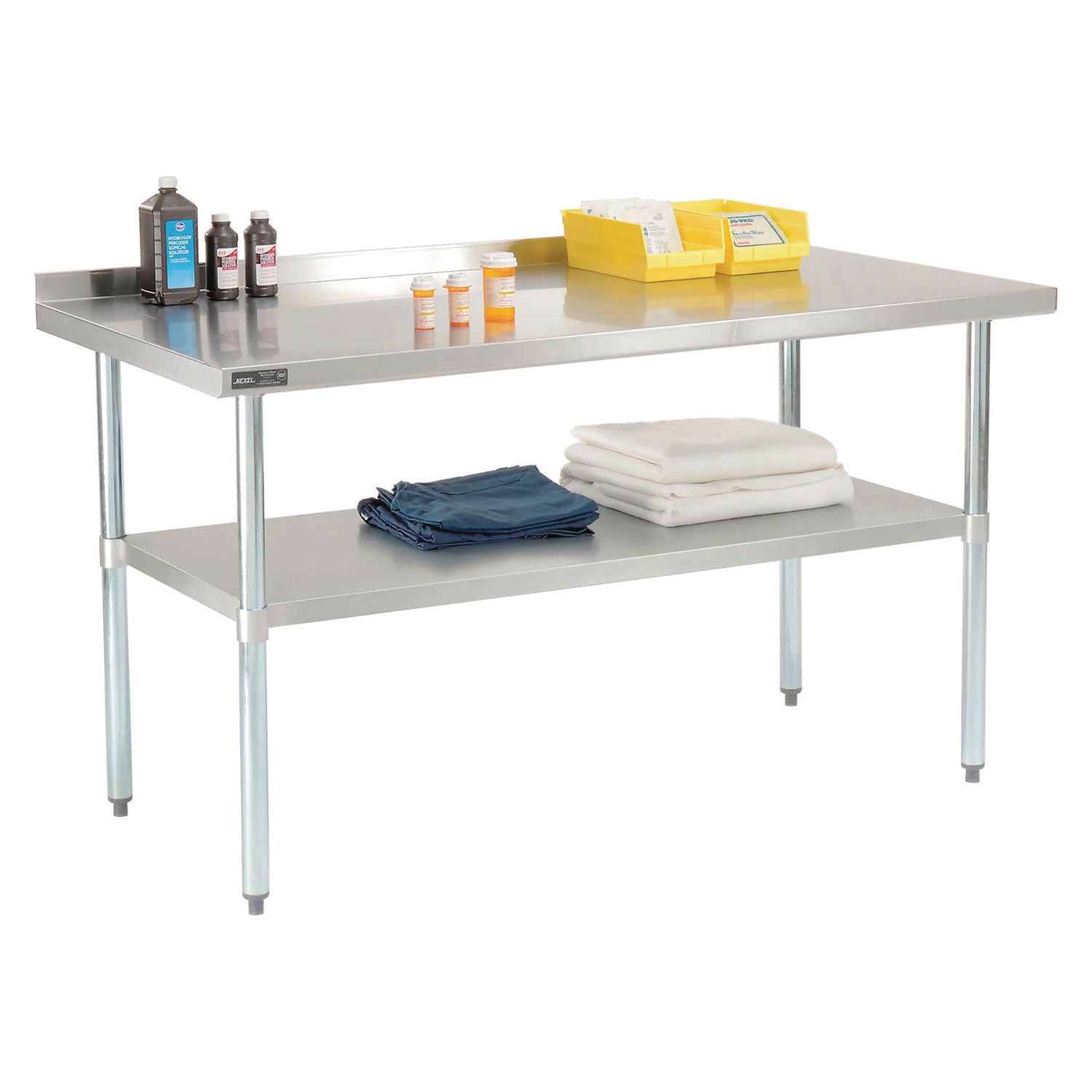 Work Table with Undershelf with Backsplash, Rectangular, 60 x 30 x 35, Silver Top, Silver Base/Legs Global Industrial® Flipcost