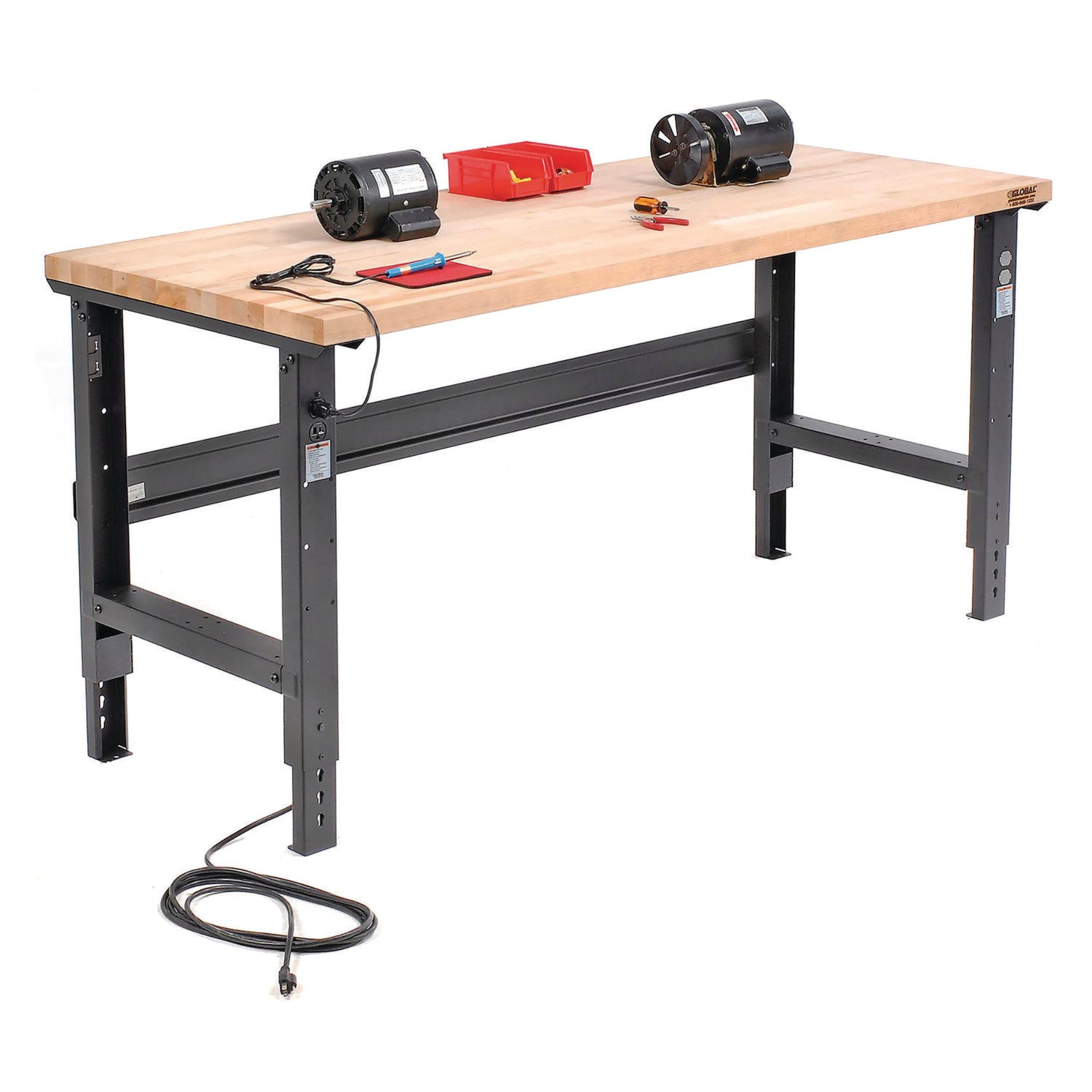 Standard Duty Butcher Block Top Adjustable Height Workbench, 2,000 lbs, 72 x 30 x 30.88  to 36.88, Maple/Black