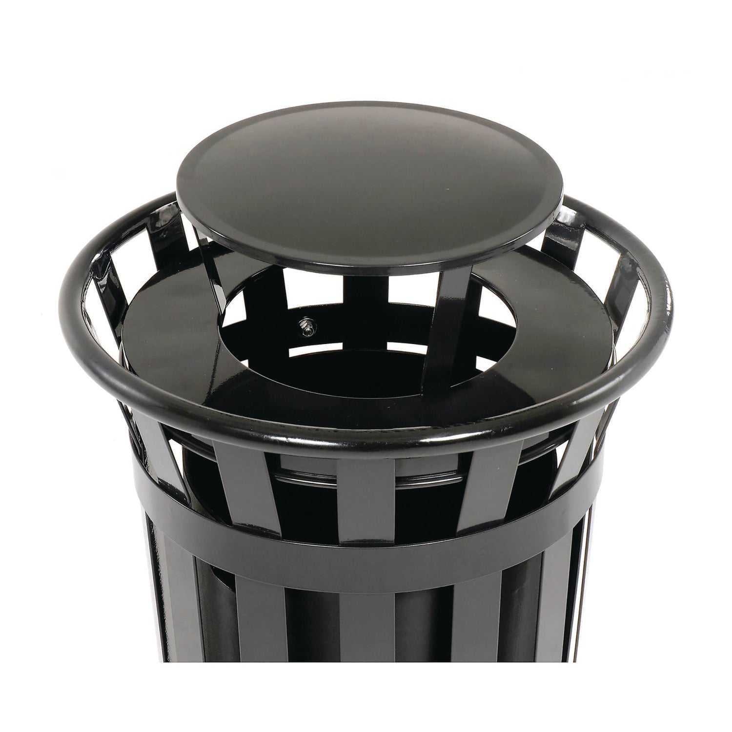 Outdoor Slatted Steel Trash Can, Rain Bonnet Lid, 24 gal, Black Global Industrial® Flipcost