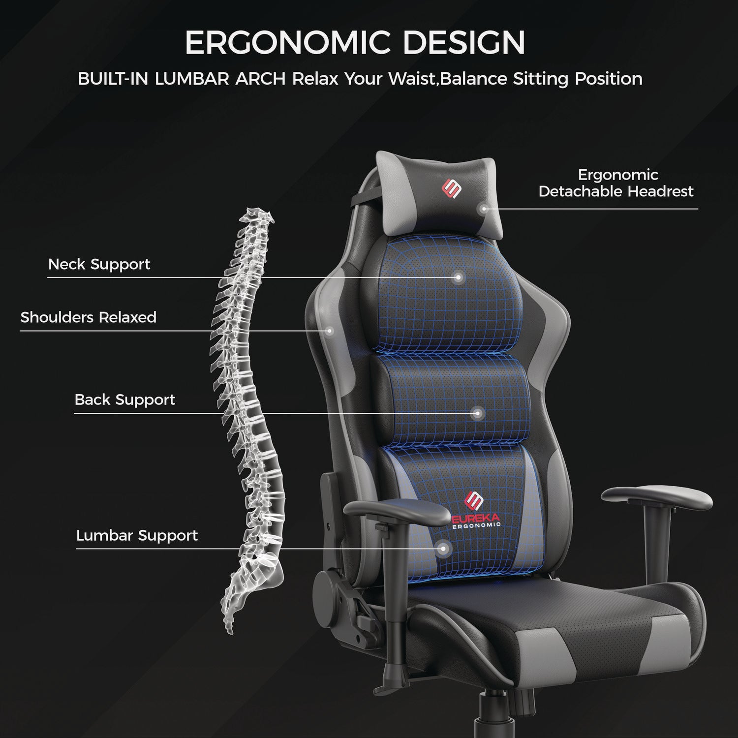 Eureka Ergonomic® Hector Ergonomic Chair, Supports Up to 300 lb, 20.25" - 24.25" Seat Height, Black PU Leather Seat, Black/Gray PU Leather Back