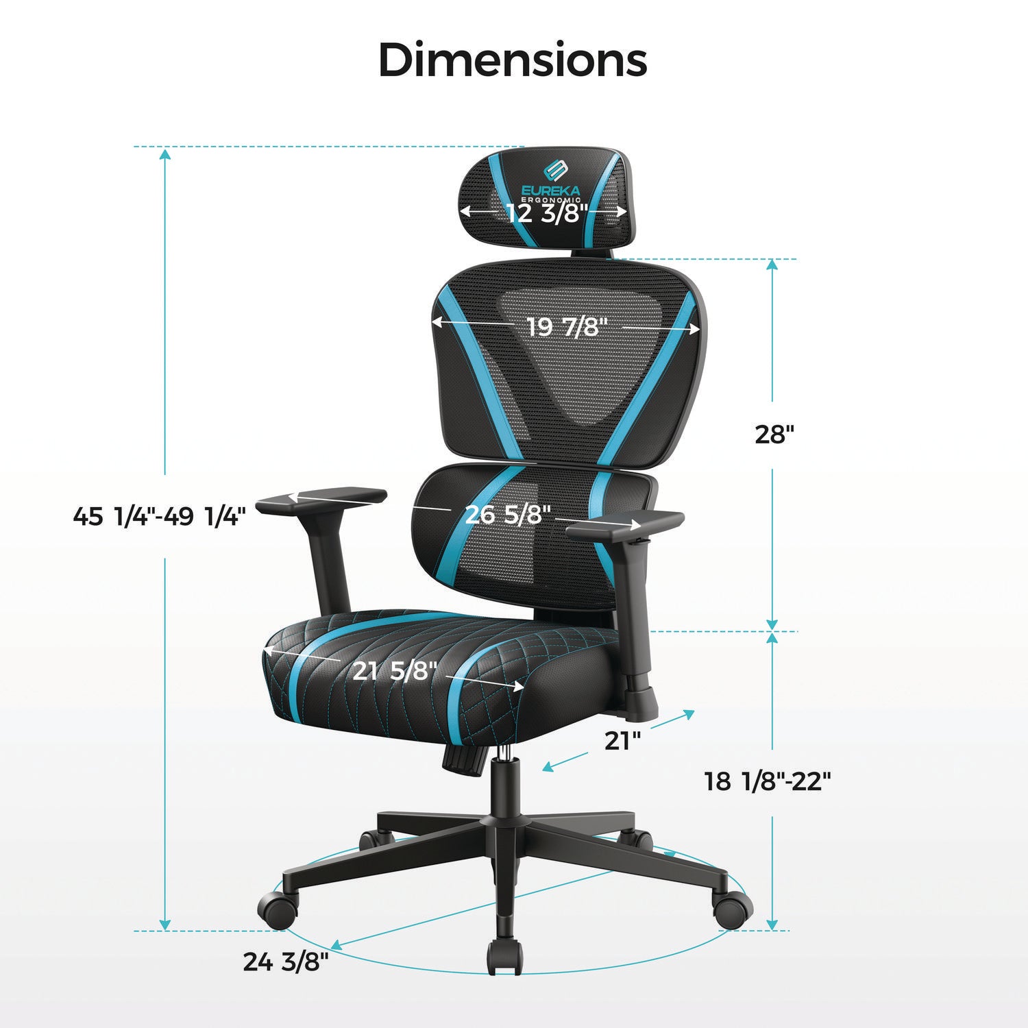 Eureka Ergonomic® Norn Ergonomic Chair, Supports Up to 275 lb, 18.11" to 22.04" Seat Height, Black/Blue Mesh Seat/Back, Black Base