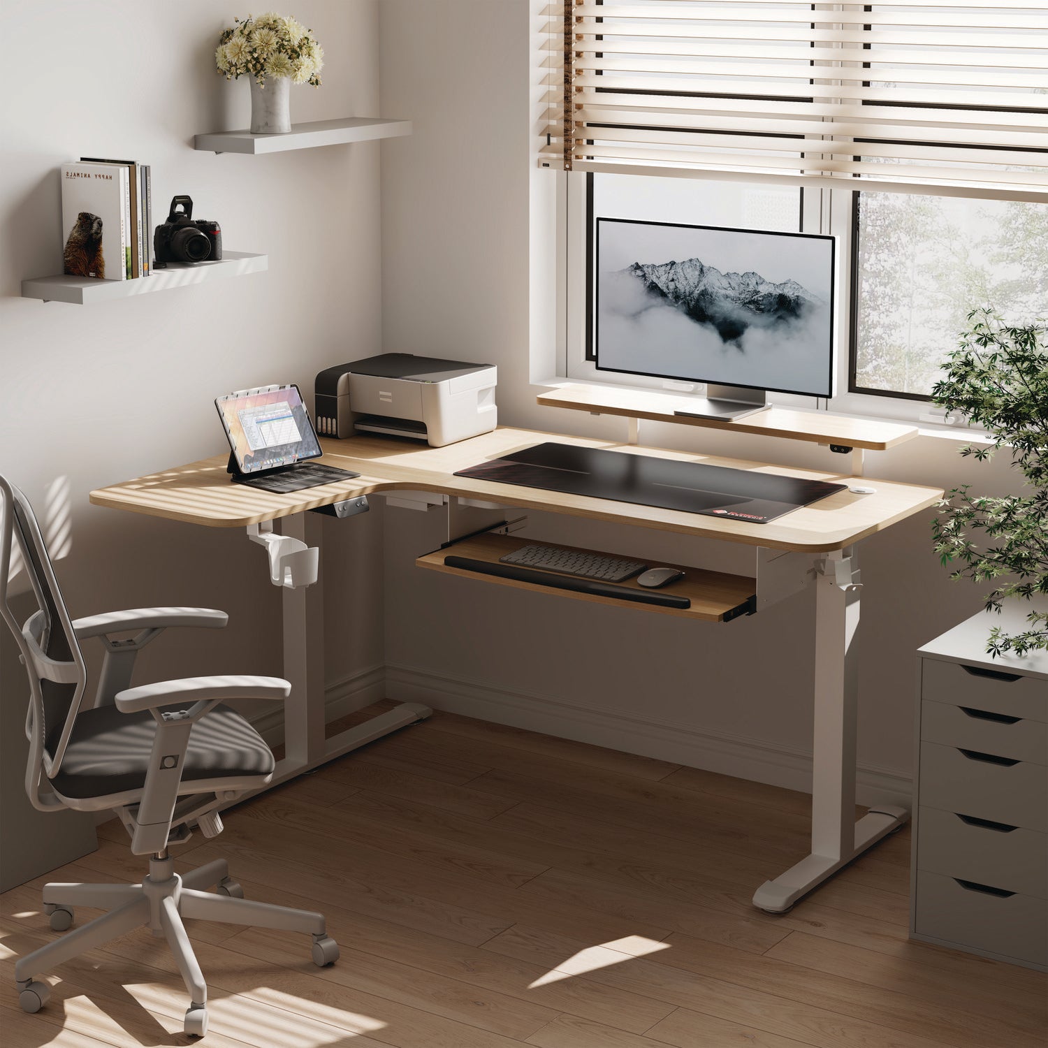 Eureka Ergonomic® L-Shaped Standing Desk with Keyboard Tray, Left Desk, 61.25" x 43.25" x 34.38" to 52.88", Maple White/White