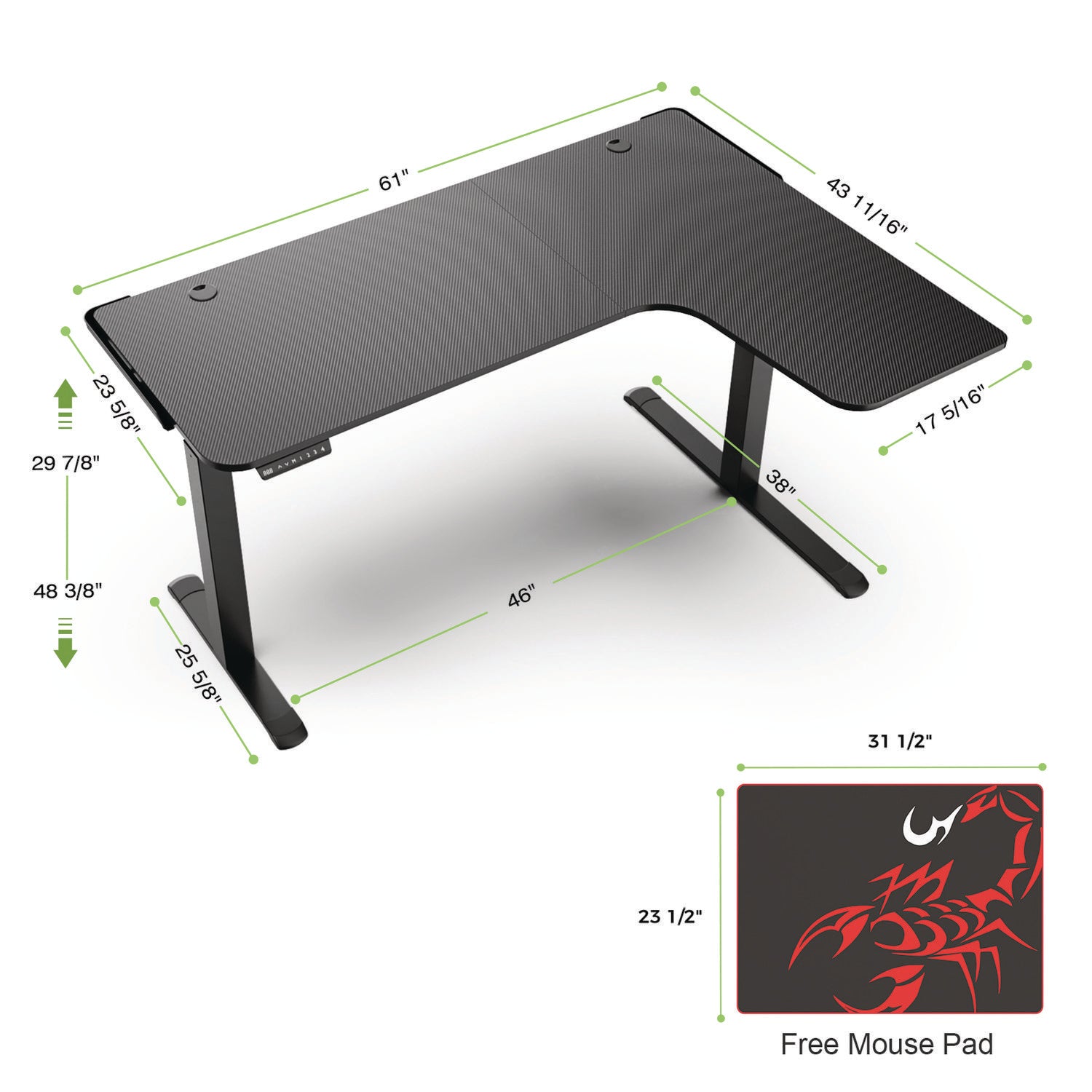 Eureka Ergonomic® L-Shaped Standing Desk, Right Desk, 60" x 43.69" x 29.88" to 48.38", Black