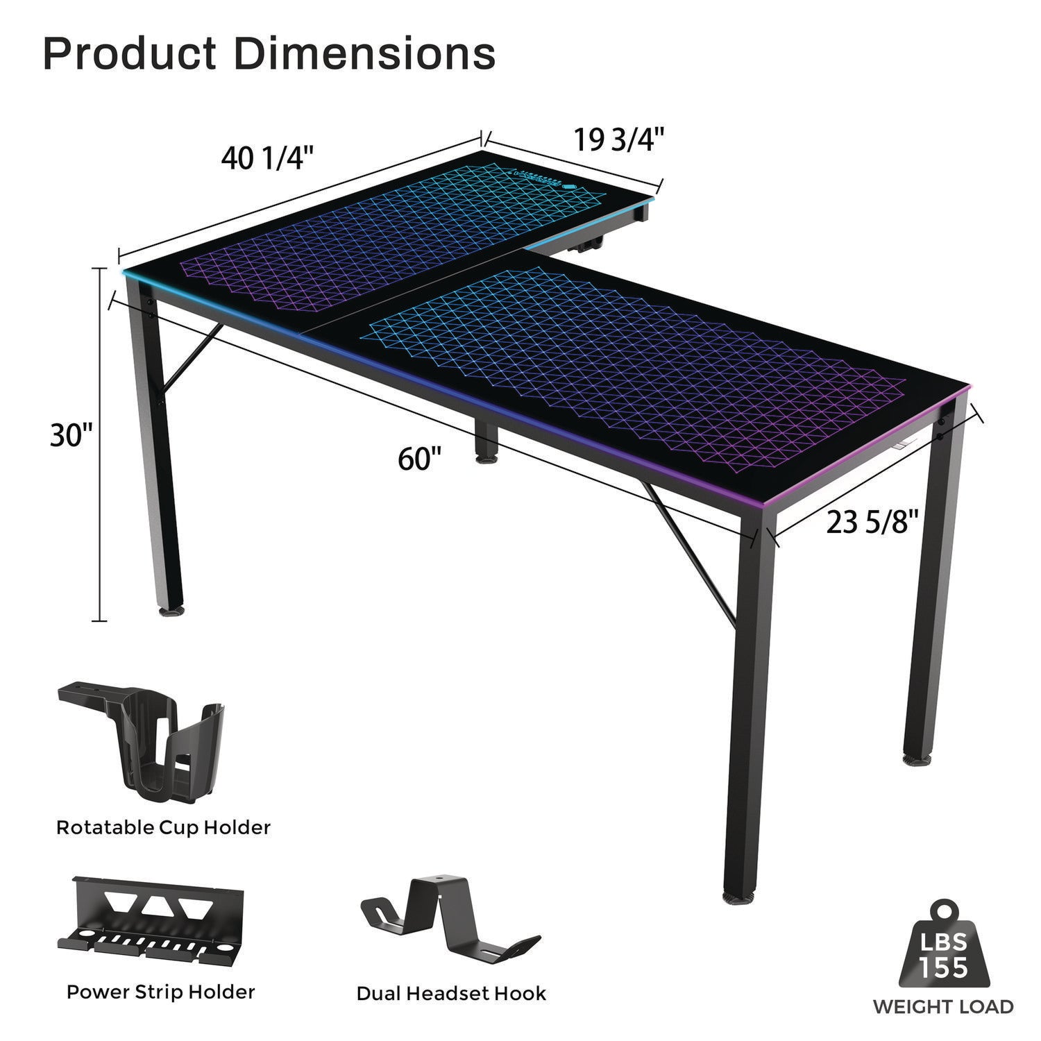 Eureka Ergonomic® RGB LED Lights Glass Gaming Desk, 60