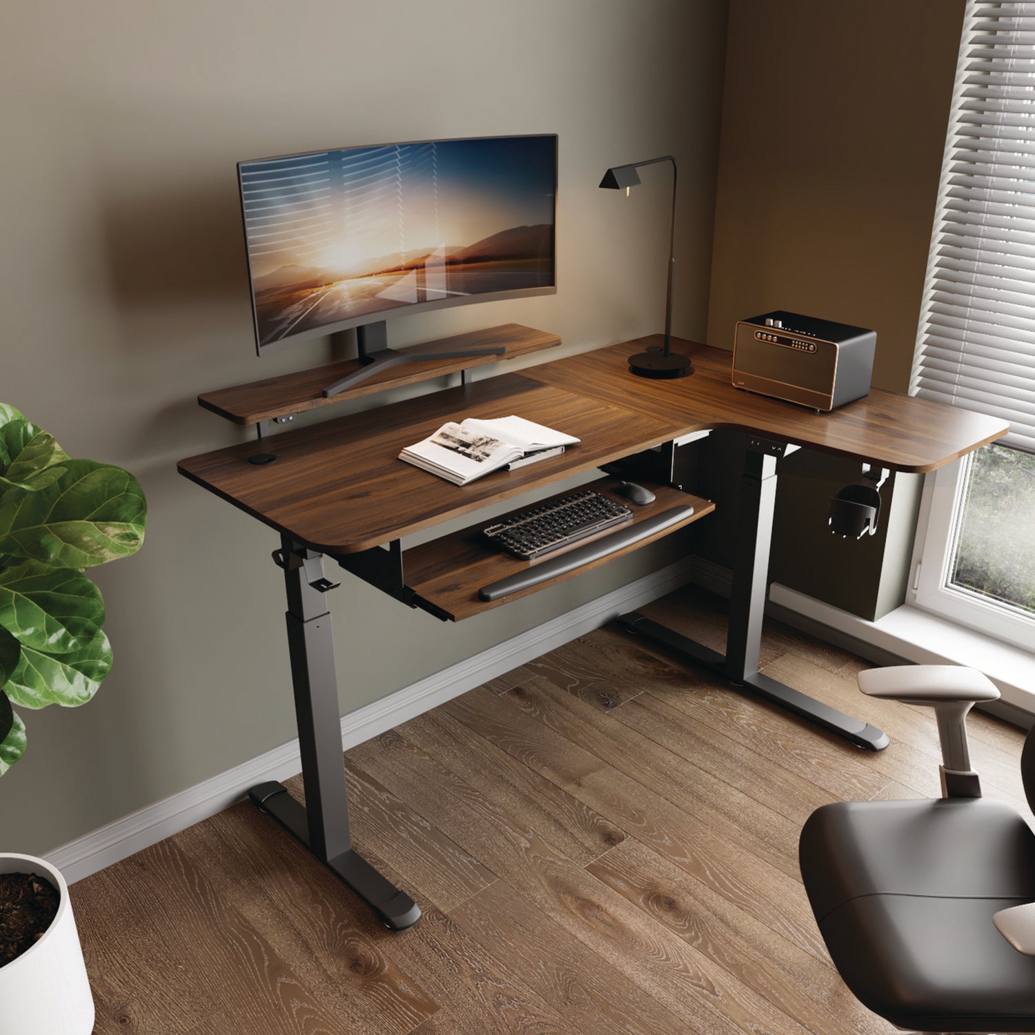 Eureka Ergonomic® L-Shaped Standing Desk with Keyboard Tray, Right Desk, 61.25" x 43.25" x 34.38" to 52.88", Walnut/Black