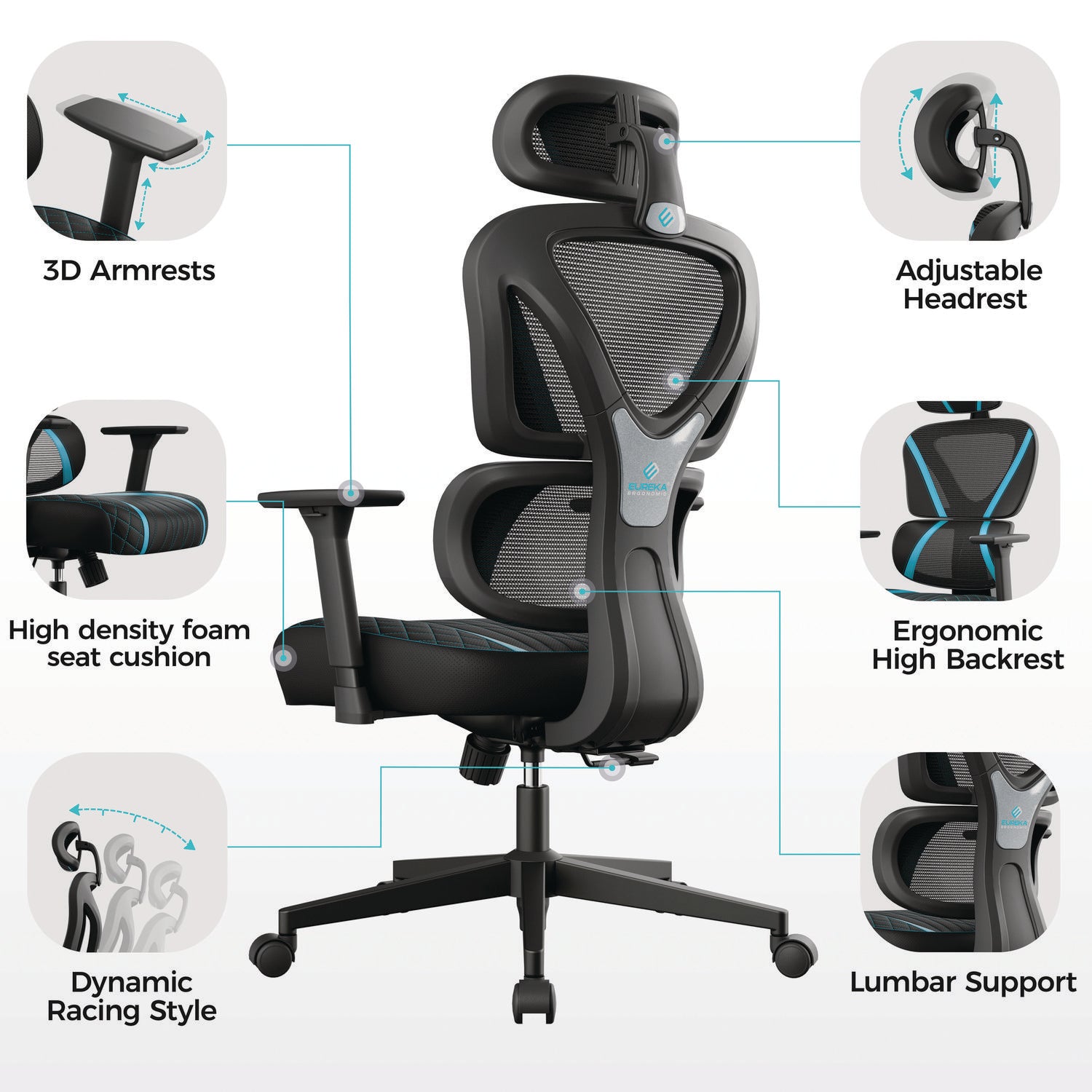 Eureka Ergonomic® Norn Ergonomic Chair, Supports Up to 275 lb, 18.11" to 22.04" Seat Height, Black/Blue Mesh Seat/Back, Black Base