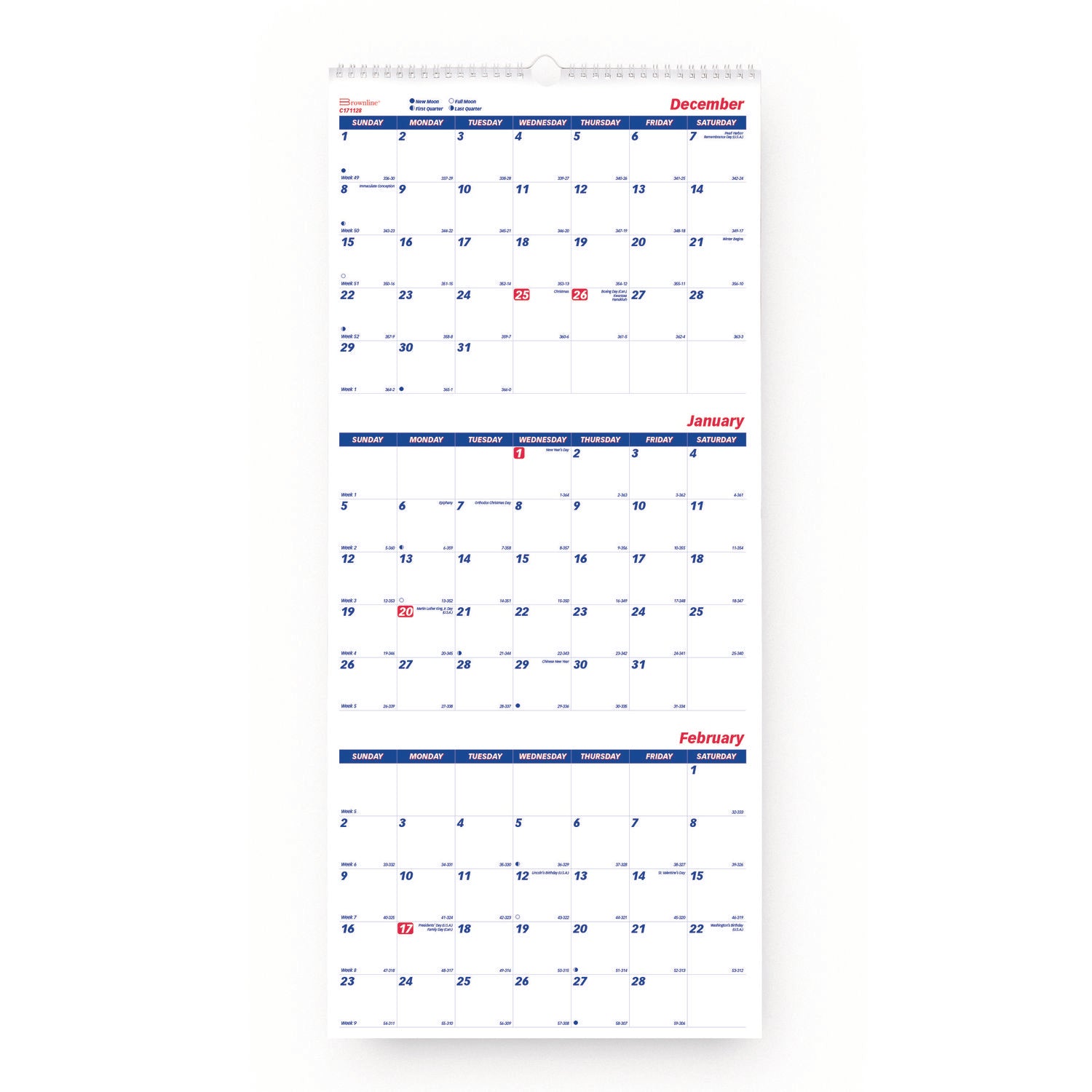 Three-Month Wall Calendar, 12.25" x 27", White/Blue Sheets, 14-Months: Dec 2024 to Jan 2026