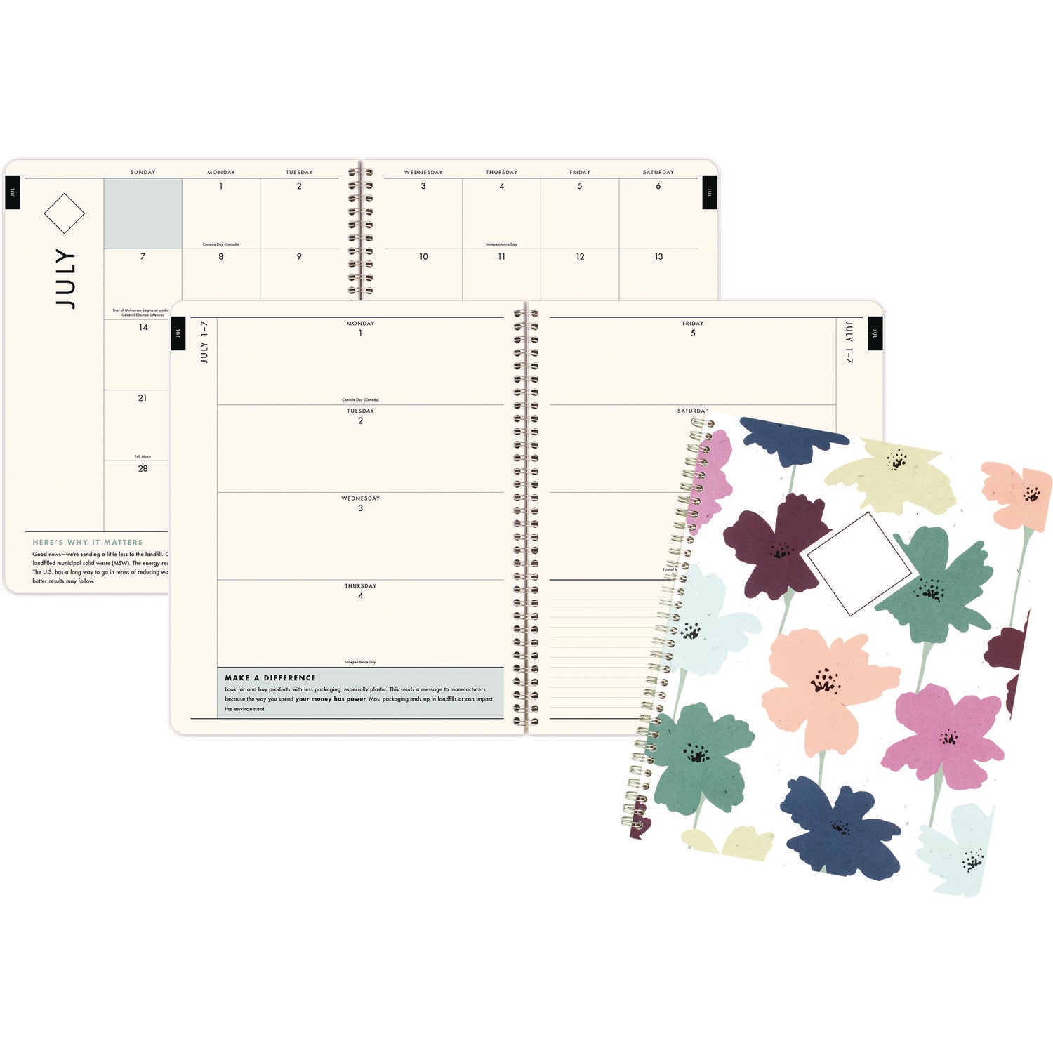 Cambridge® GreenPath Academic Year Weekly/Monthly Planner, Floral Artwork, 11" x 9.38", Multicolor Cover, 12-Month: July 2024-June 2025