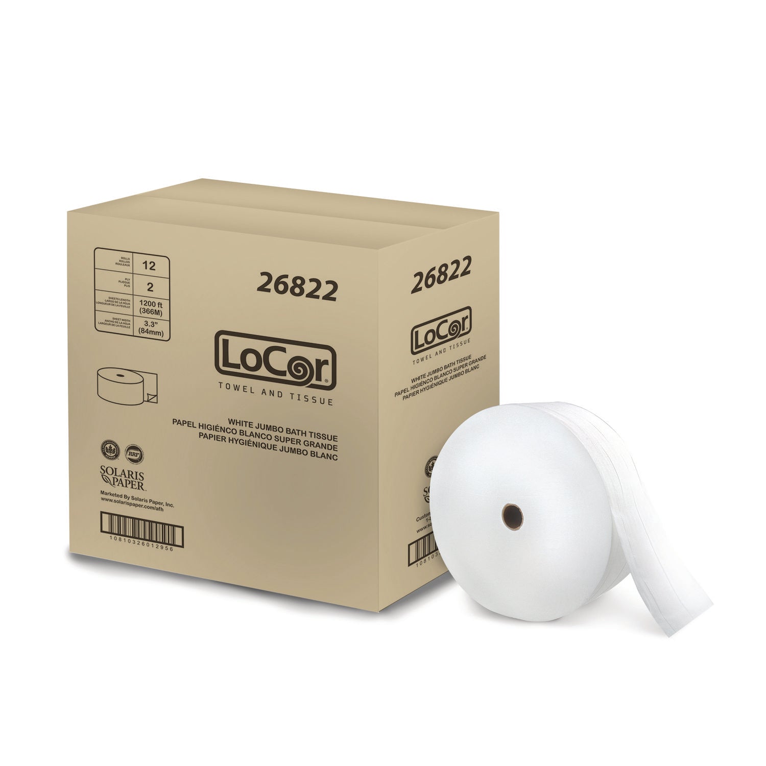 LoCor® Jumbo Bath Tissue, 2-Ply, White, 3.3 x 1,200 ft, 12/Carton