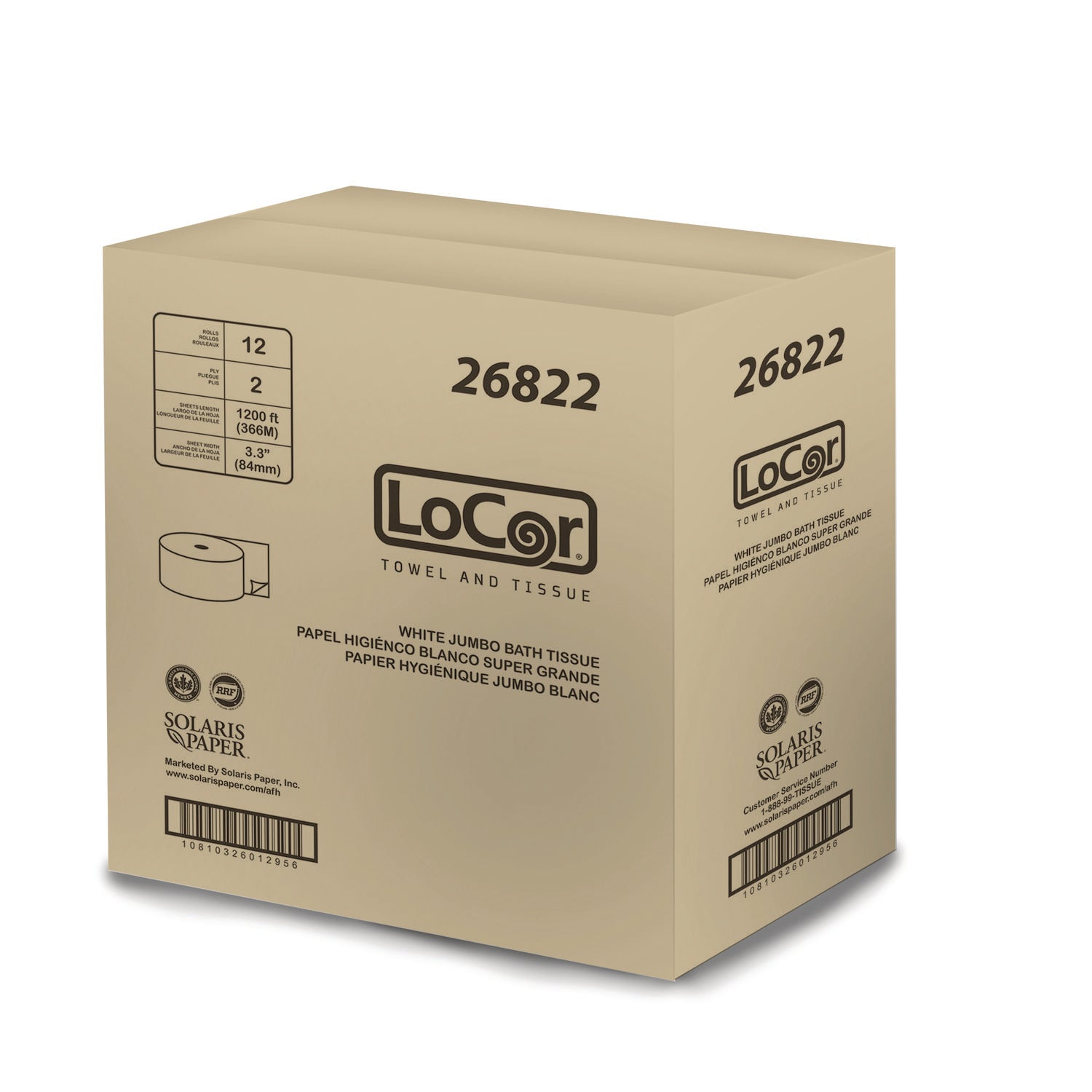 LoCor® Jumbo Bath Tissue, 2-Ply, White, 3.3 x 1,200 ft, 12/Carton