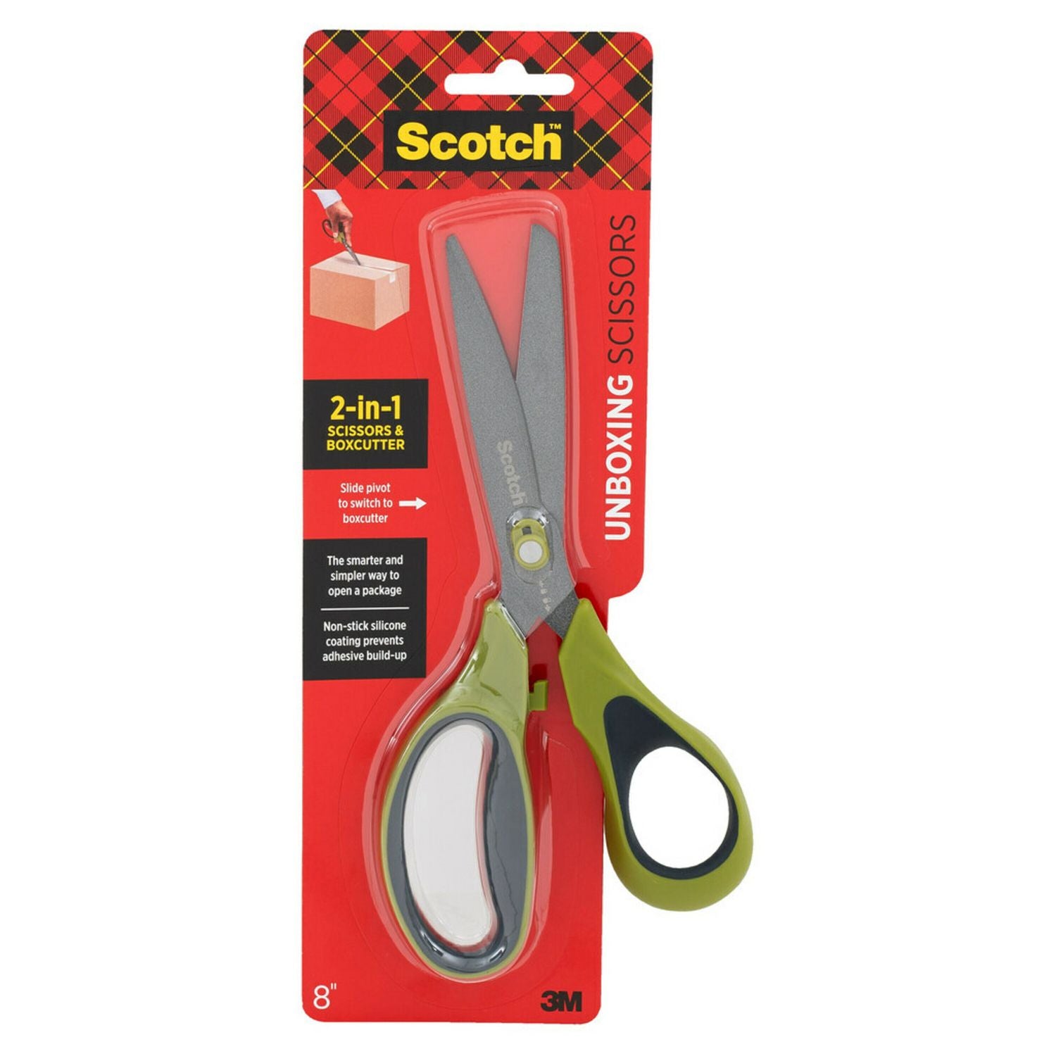Scotch™ Scotch Non-Stick Unboxing Scissors, 8"" Long, 2.7"" Cut Length, Green/Black Handle