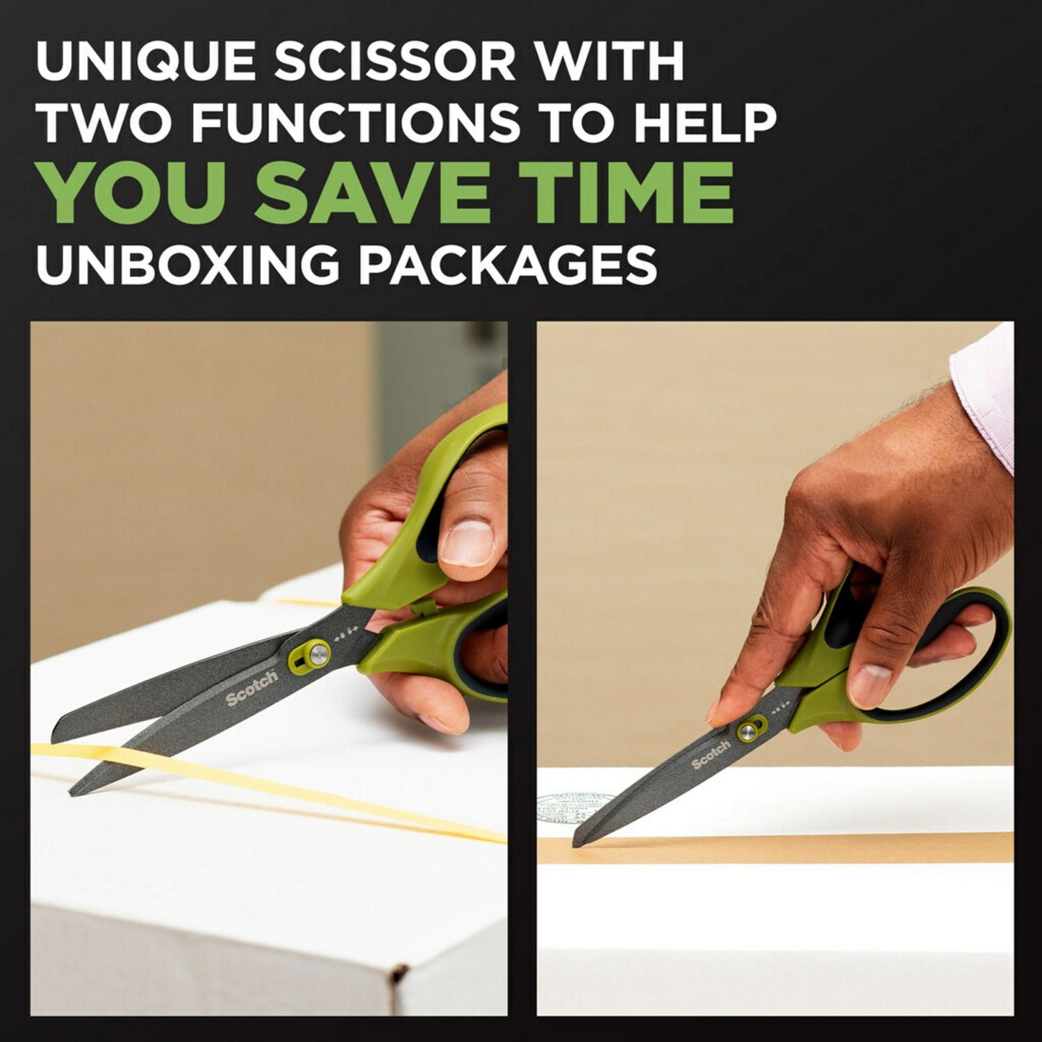 Scotch™ Non-Stick Unboxing Scissors, 8" Long, 2.7" Cut Length, Straight Green/Black Handle