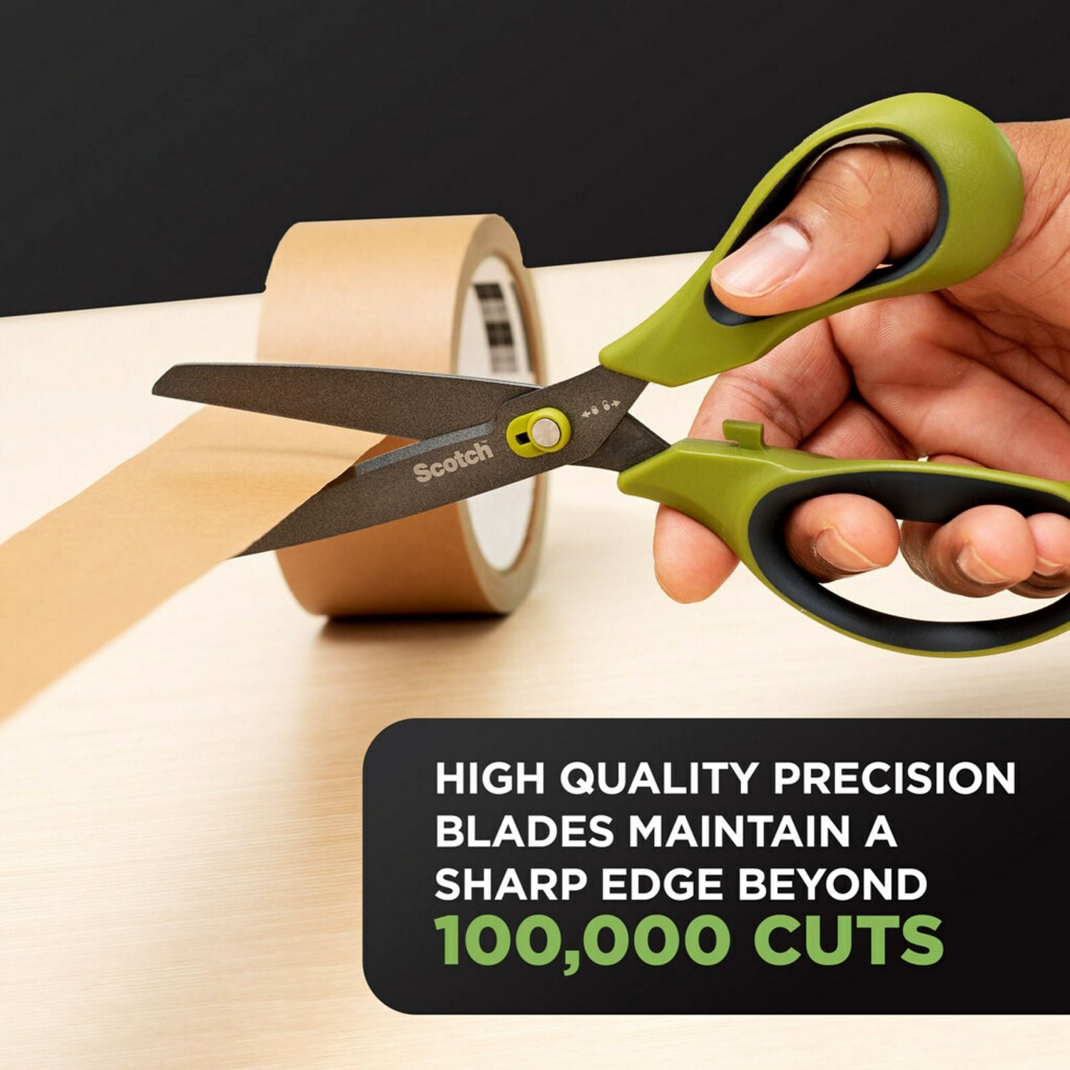 Scotch™ Non-Stick Unboxing Scissors, 8" Long, 2.7" Cut Length, Straight Green/Black Handle