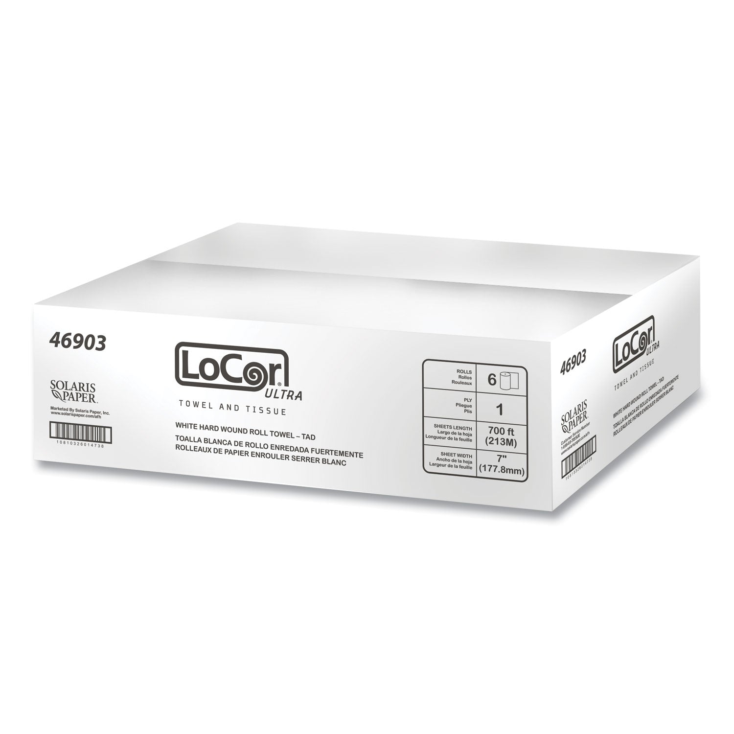 LoCor® Hard Wound Roll Towel. 1-Ply, 7” x 700 ft, White, 6 Rolls/Carton