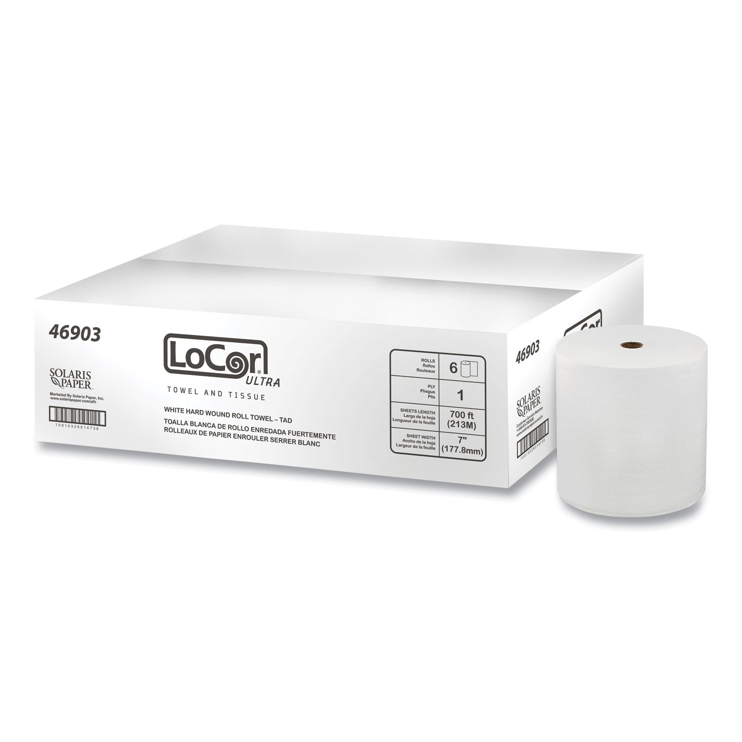 LoCor® Hard Wound Roll Towel. 1-Ply, 7” x 700 ft, White, 6 Rolls/Carton