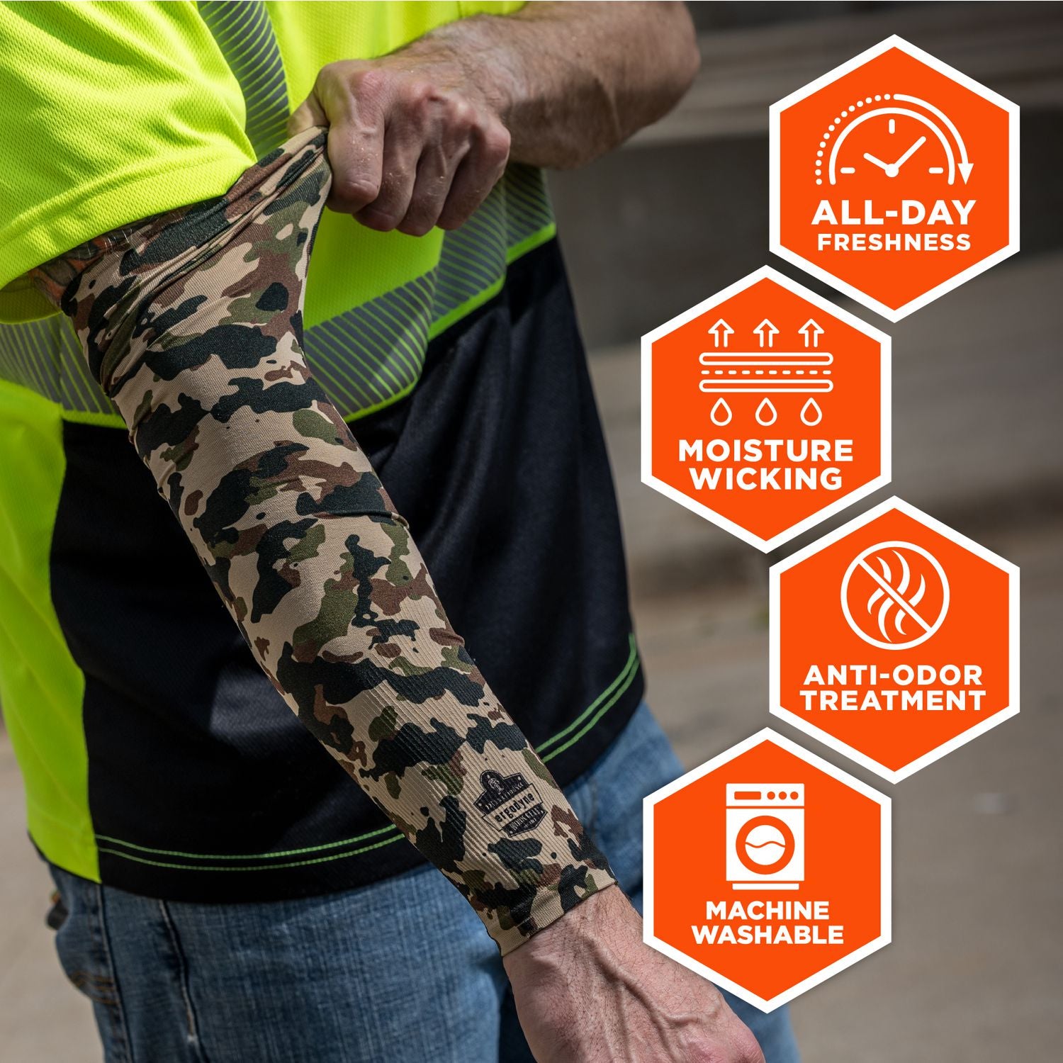 Ergodyne® Chill-Its 6695 Sun Protection Arm Sleeves, Polyester/Spandex, Medium/Large, Camo