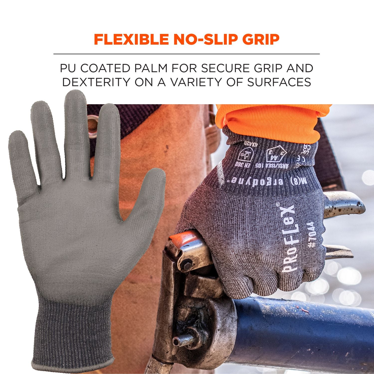 Ergodyne® ProFlex 7044 ANSI A4 PU Coated CR Gloves, Gray, X-Small, Pair