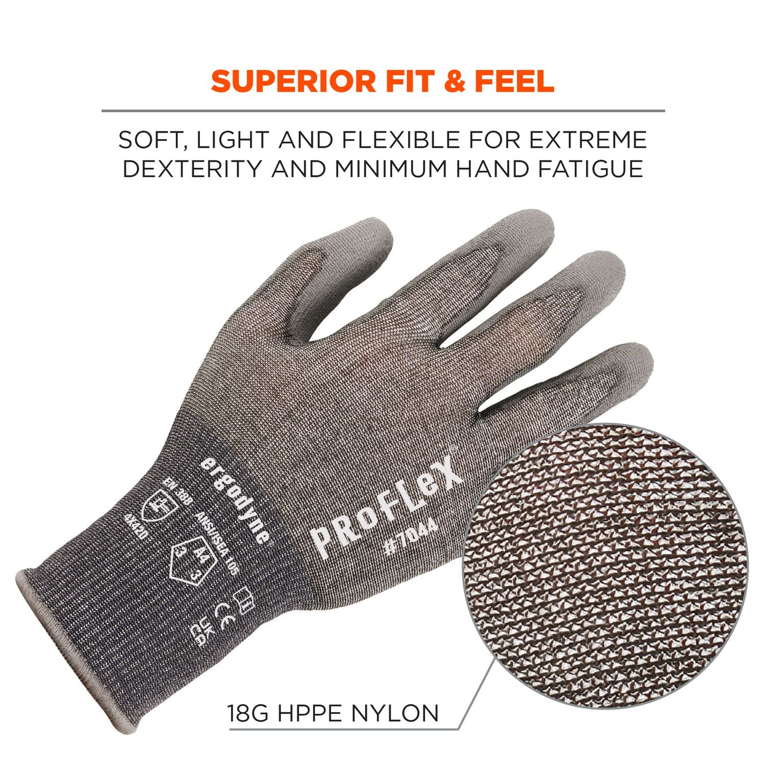 Ergodyne® ProFlex 7044 ANSI A4 PU Coated CR Gloves, Gray, X-Small, Pair