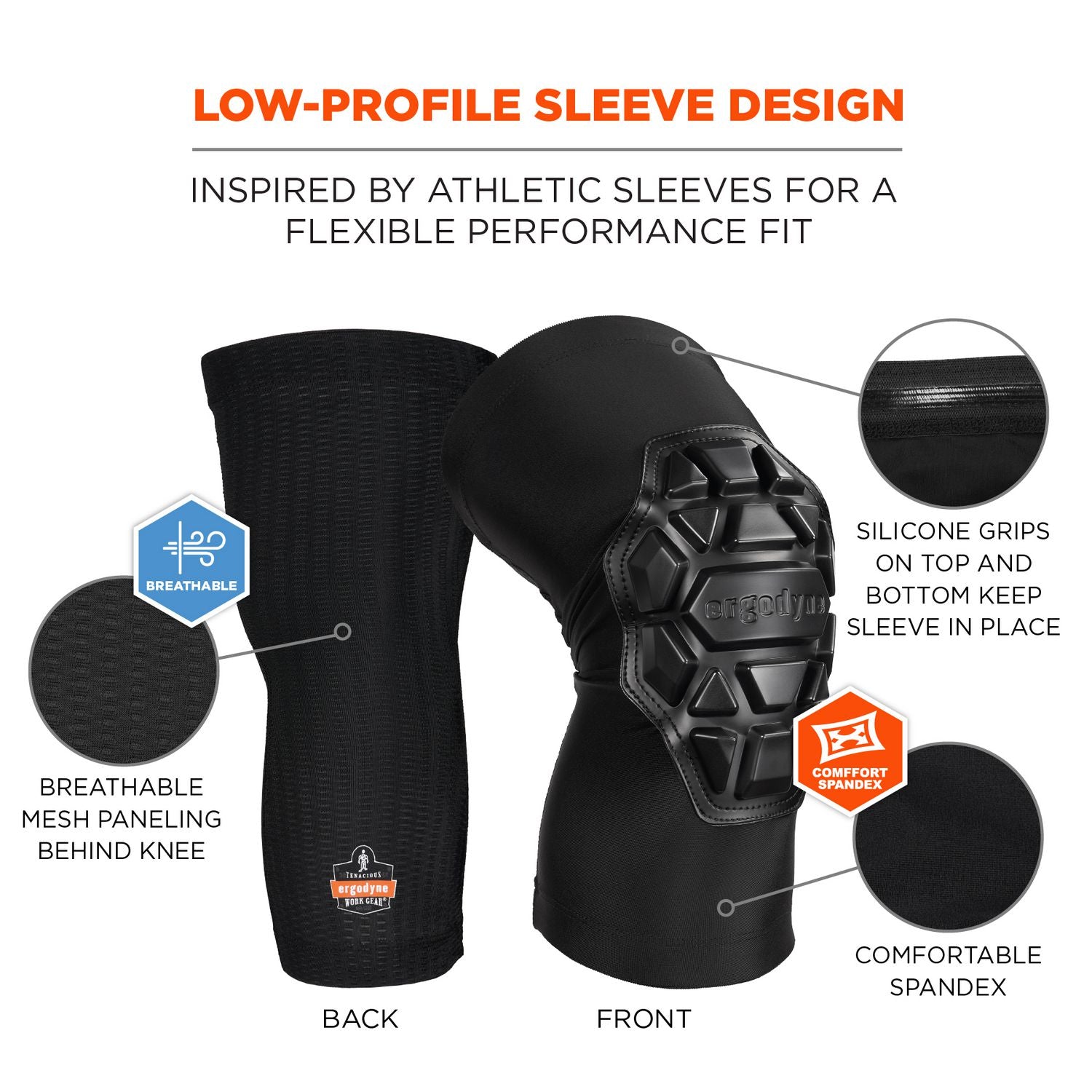 Ergodyne® ProFlex 550 Padded Knee Sleeves with 3-Layer Foam Cap, Slip-On, X-Large+, Black, Pair